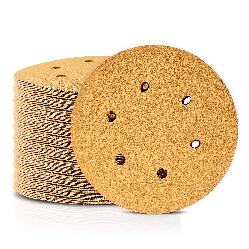 SPEEDWOX 100 Pcs 6 Inches Hook and Loop 6 Hole Sanding Discs 60 Grit Dustless Sandpaper Fit for Random Orbital Sander Yellow Finishing Discs for Automotive Woodworking