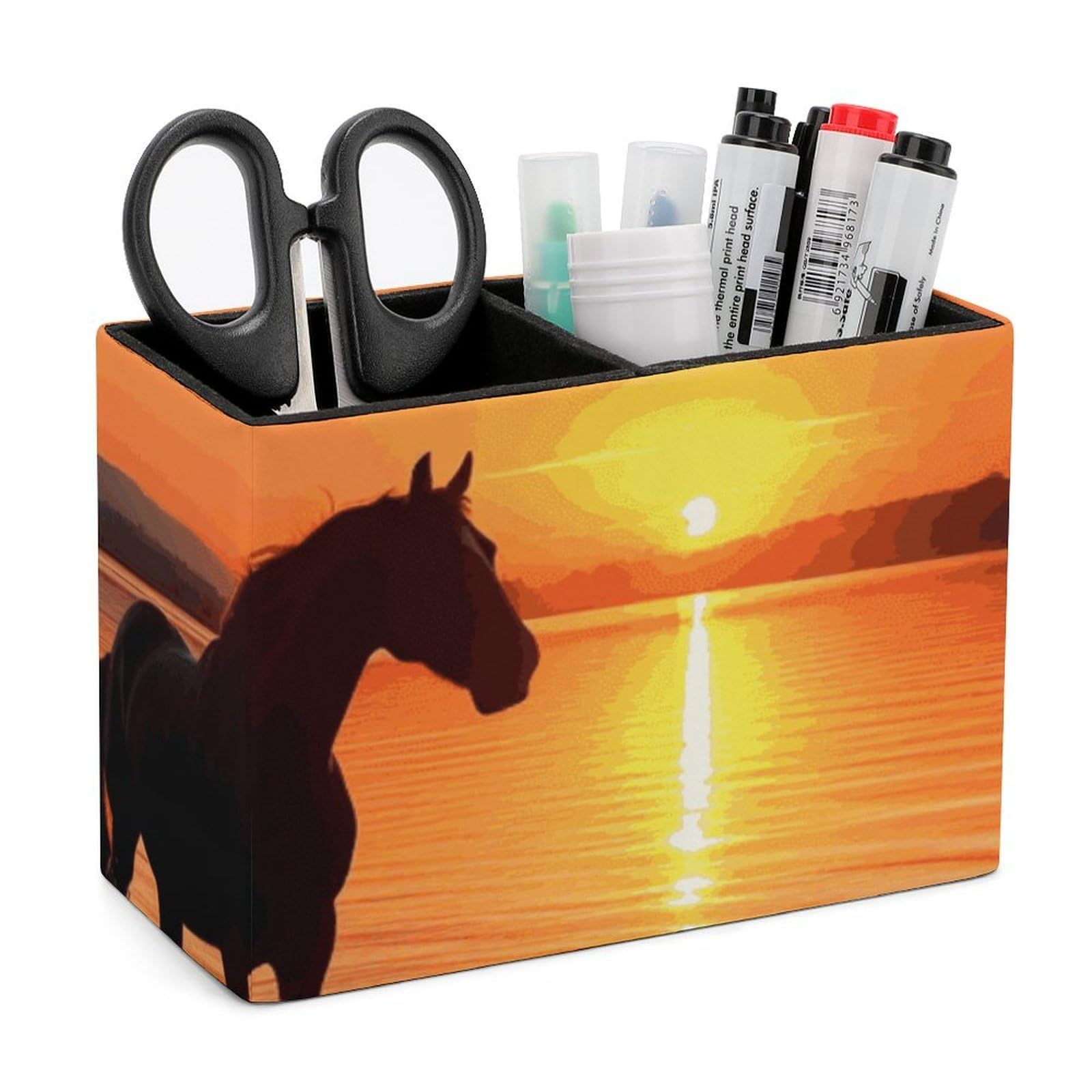 JTREHY Sunsets Lake Horses Pencil Holder Exquisite Fashion Leather Pen Receptacle Soft High-End Pen Container for Office Home Accessories Or Housewarming Present
