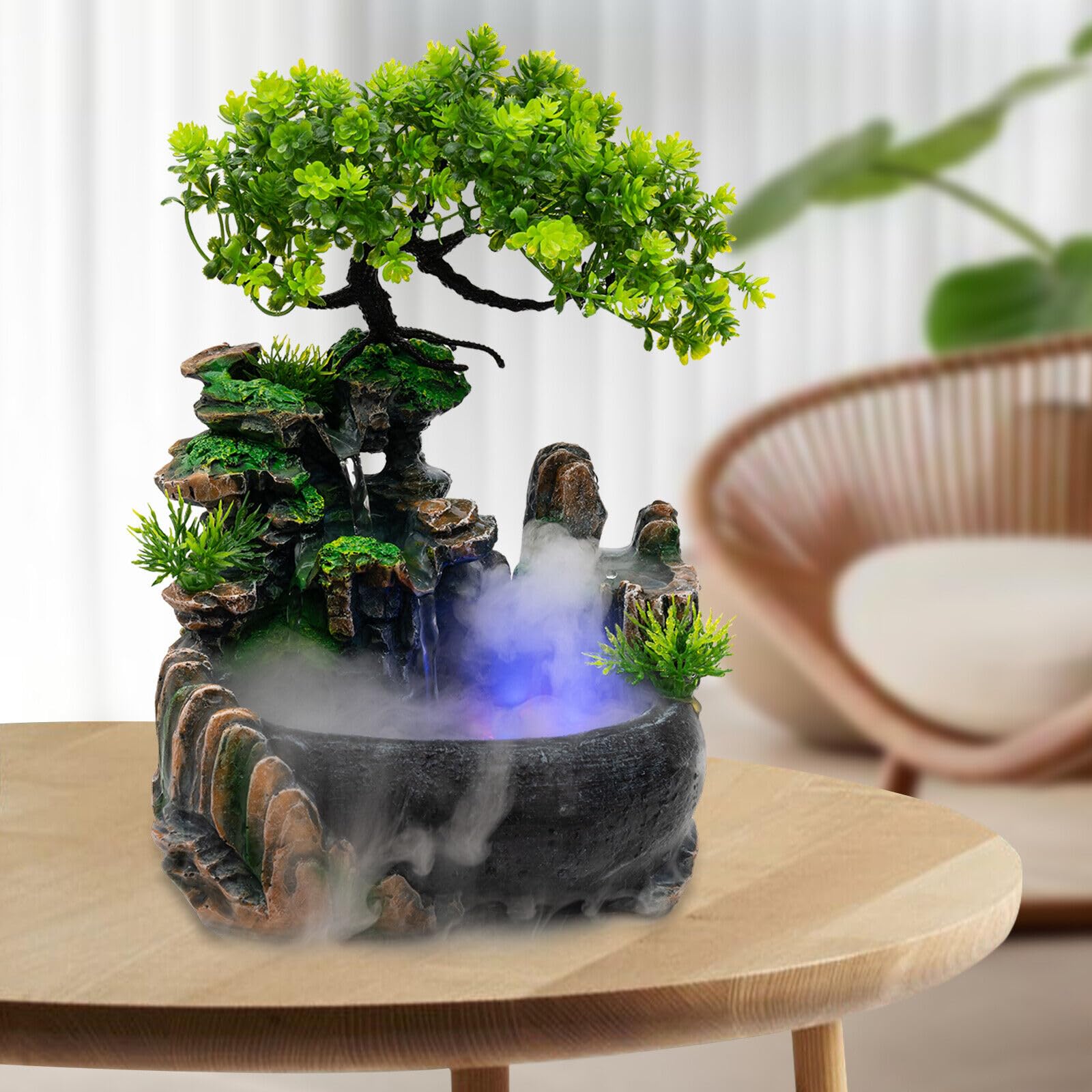 Fuente de interior con iluminación LED, fuente de mesa con cascada y niebla, cascada para interiores, en piedra, para casa, dormitorio, escritorio, decoración 28 x 20 x 15 cm