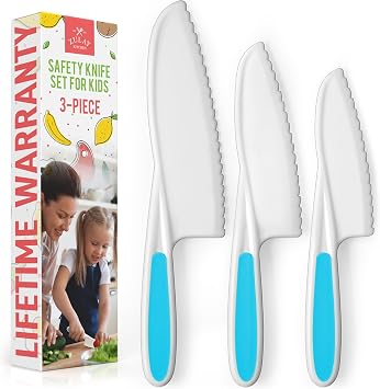 Zulay 3-Piece Kids Knife Set for Real Cooking & Baking - Toddler Knives for Cutting Fruits, Veggies, Cake - Childrens Montessori Knife with Serrated Edges - Safe & Fun Lettuce Knife Blue
