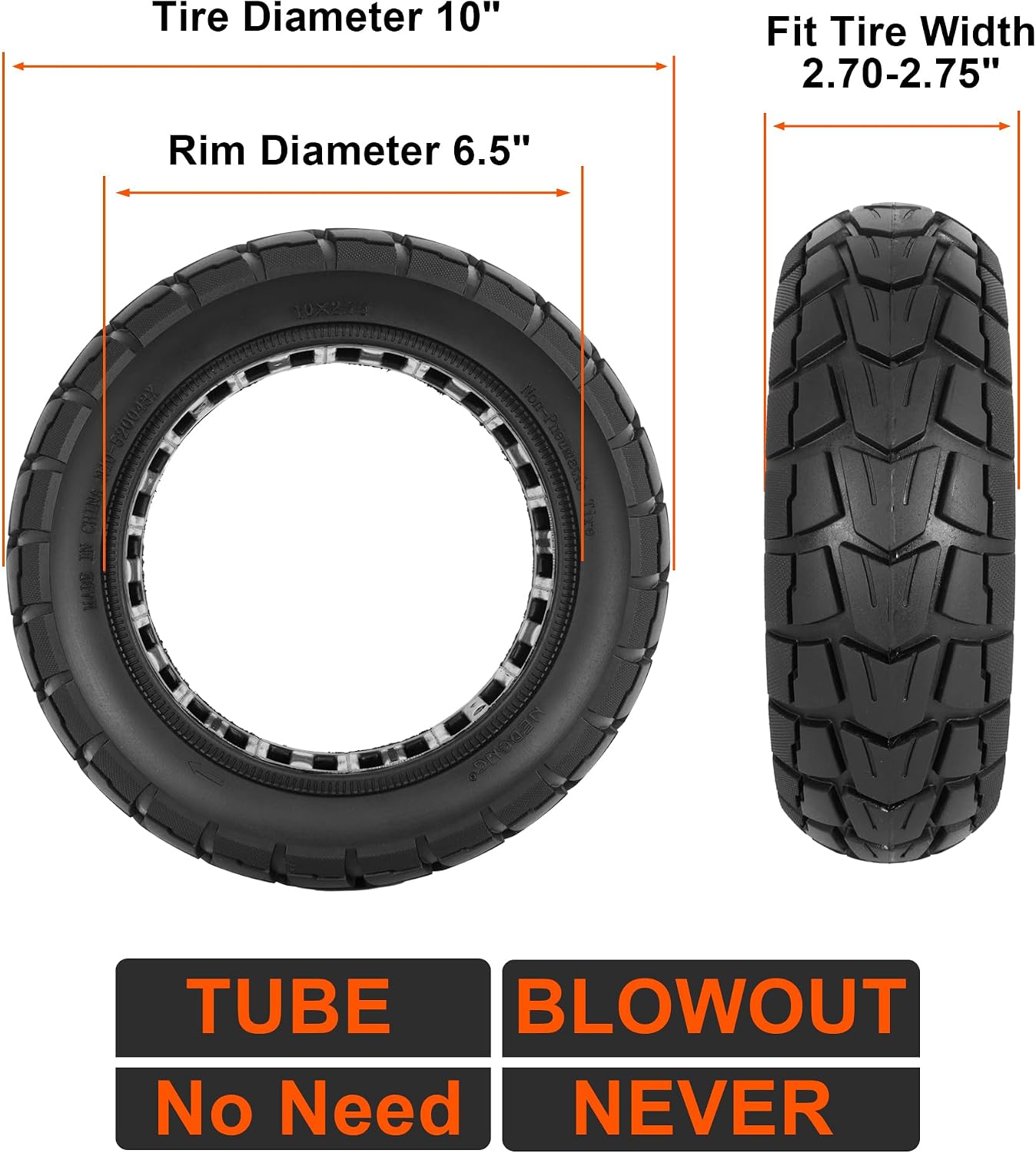 10x2.70-6.5 Scooter Solid Tire, 10 inch Airless Explosion-Proof Anti-Puncture Tire, 70/65-6.5 Scooter Solid Tyre for Speedway Dualtron Joyor Titan Segway Gotrax Electric Gas balance Scooter