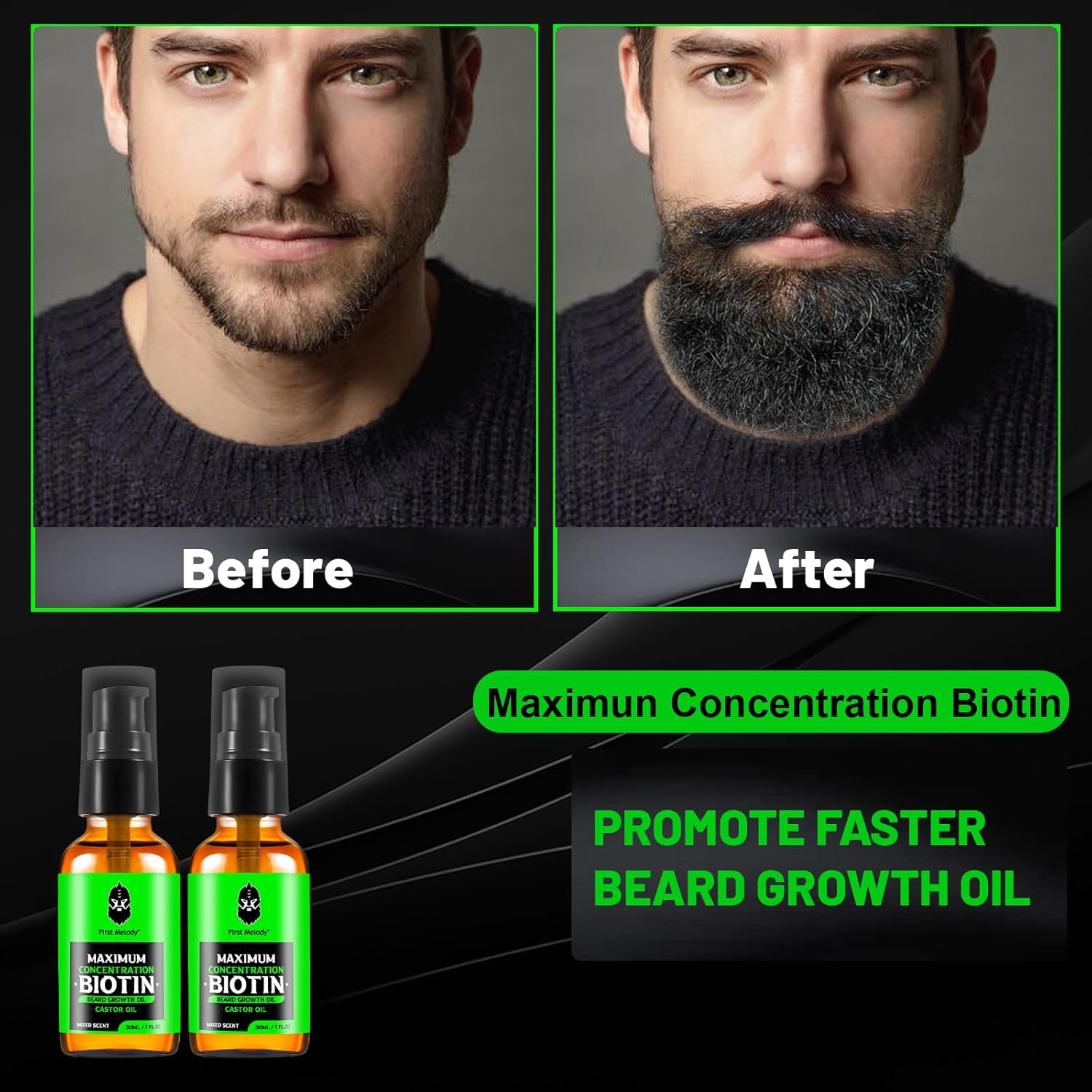 Beard Oil,Maximun Thickening Biotin, with Castor Oil and Argan & Jojoba Oils, Promotes Beard Growth, Styles, Strengthens & Softens Beards & Mustaches,1 Ounce*2（2 Pack） - Image 2
