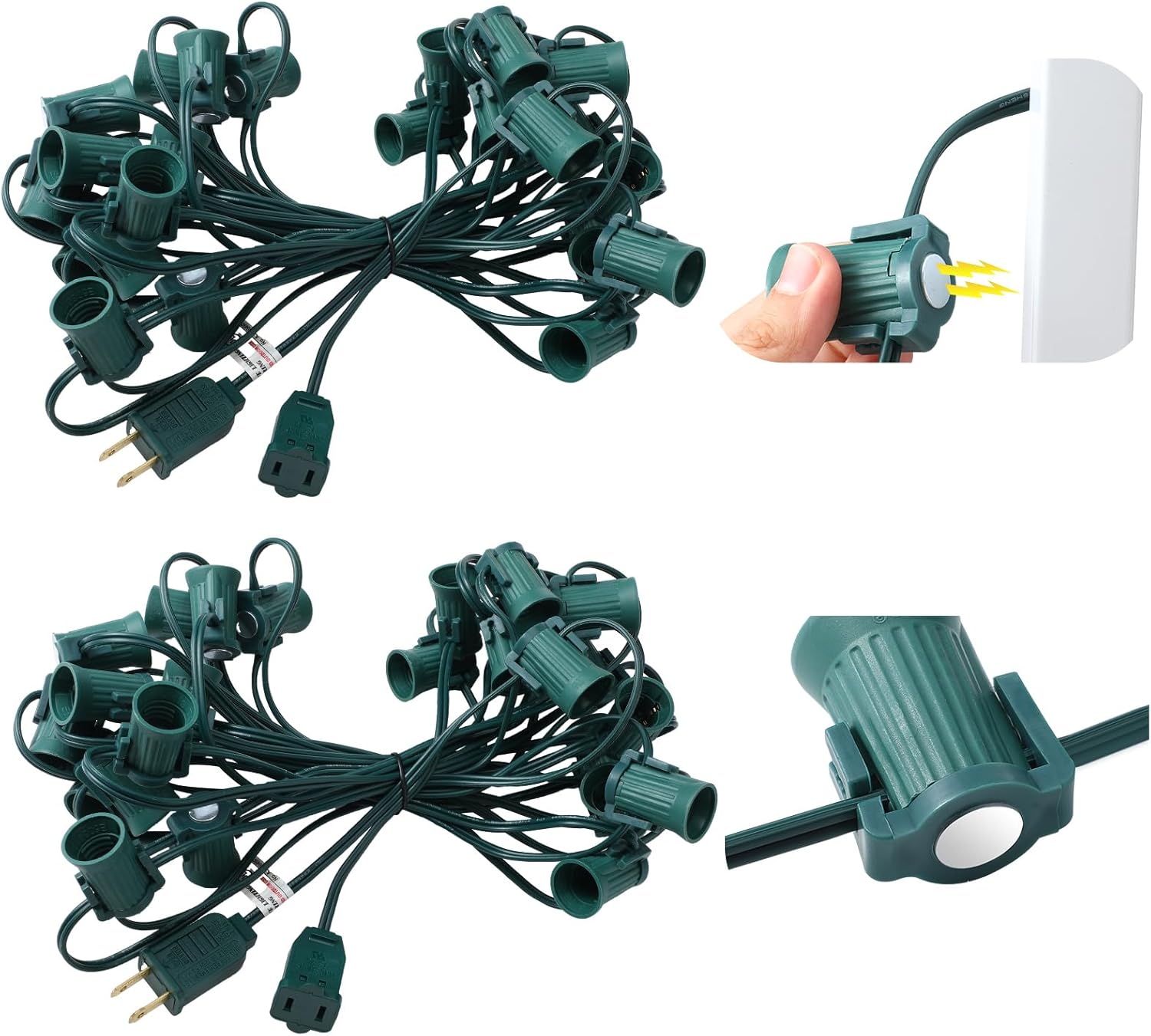 C9 Magnetic Sockets Christmas Light Stringer - UL Outdoor Light Strands Sockets with Green Cord Set for Holiday Xmas Outdoor Lighting Decor(25 ft,2 Pcs)