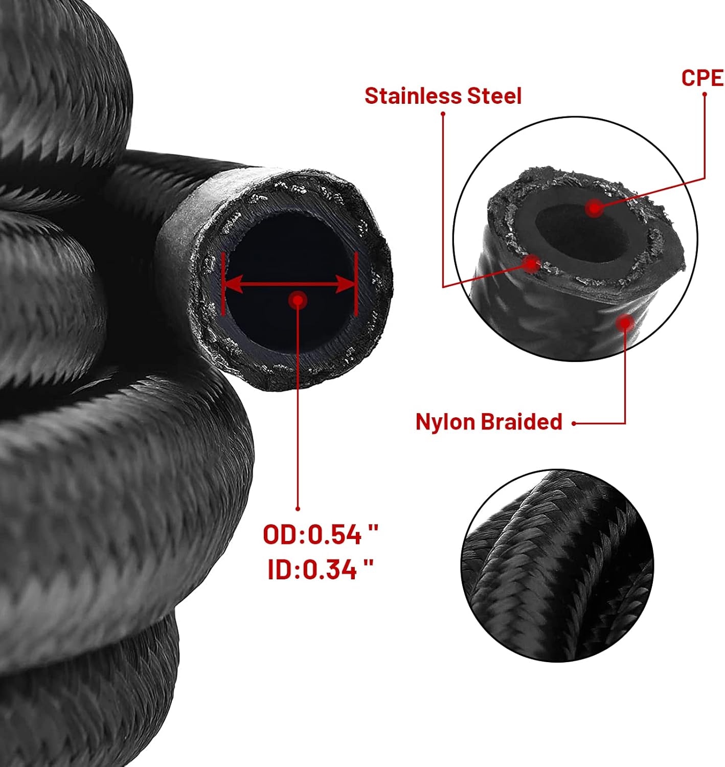 3/8″ 6AN 10FT Fuel Line Hose Kit, AN6 Nylon Stainless Steel Braided Fuel Line Oil/Gas/Fuel Hose End Fitting Hose with 6 PCS Swivel Fuel Hose Fitting Adapter Kit - Black (ID: 0.35 Inch)