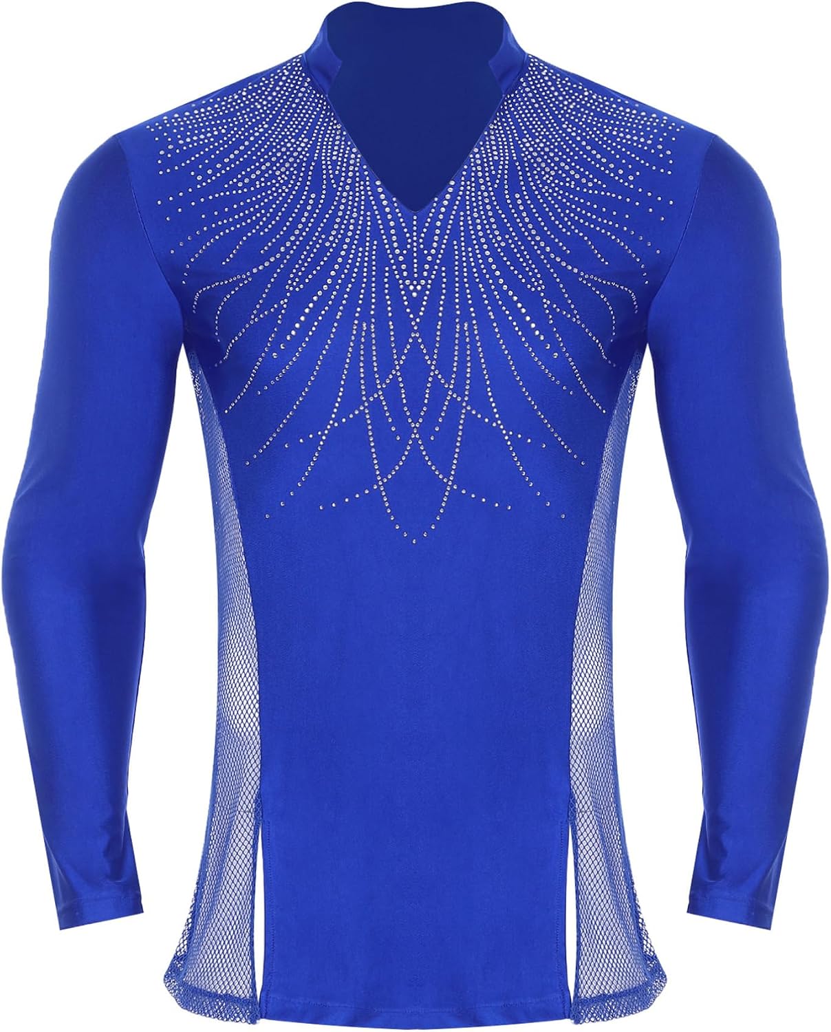 TiaoBug Men's Rhinestones Ballroom Modern Latin Dance Tops V-Neck Long Sleeve Shirts Waltz Tango Dancewear