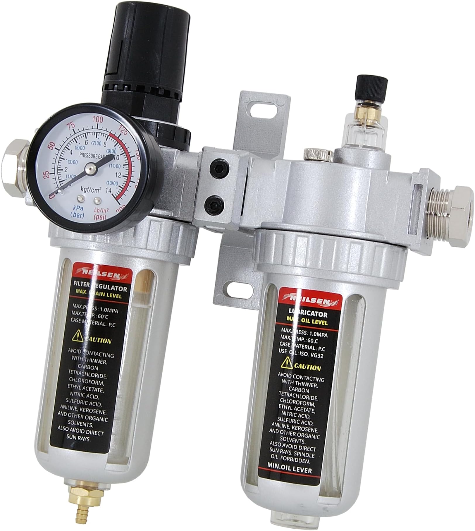 Neilsen CT0770 Air Regulator with Filter & Lubricator โ 1/2in BSP, 150psi, 28cfm, Auto Drain, Locking Control Knob, Sight Glass, Wall Bracket, for Workshop Air Lines & Compressors