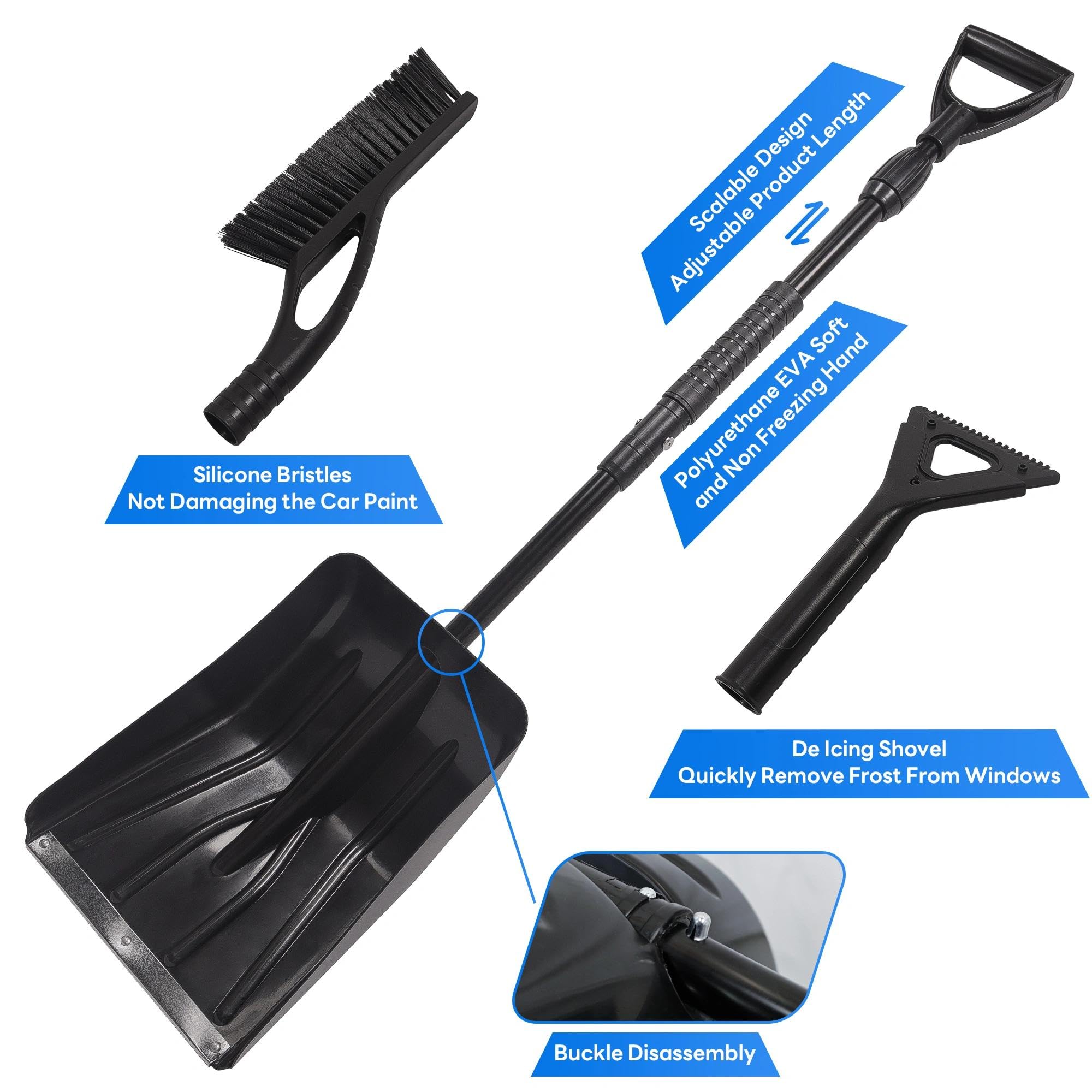 Deecam Pelle à neige extensible pour voiture, accessoires de voiture d'hiver et kits essentiels - Brosse à neige amovible avec tête rotative à 360° / pelle / grattoir à glace pour voitures, camions