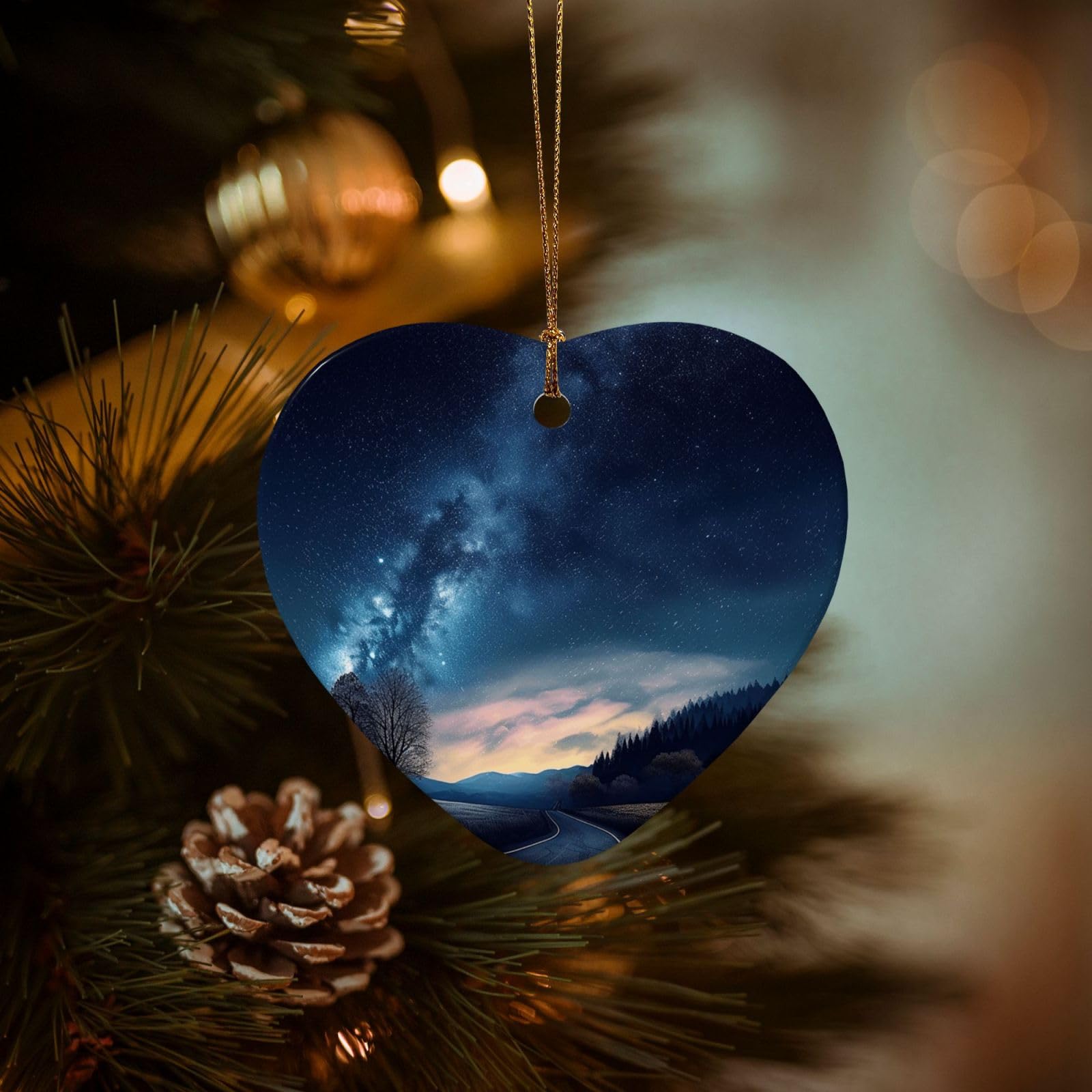 Christmas Tree Ornaments Ceramics Christmas Decorations Night and Sky Ornaments with Gold Ribbon Porcelain Xmas Tree Crafts Heart Shape Hanging Pendant for Christmas Tree Party Decor