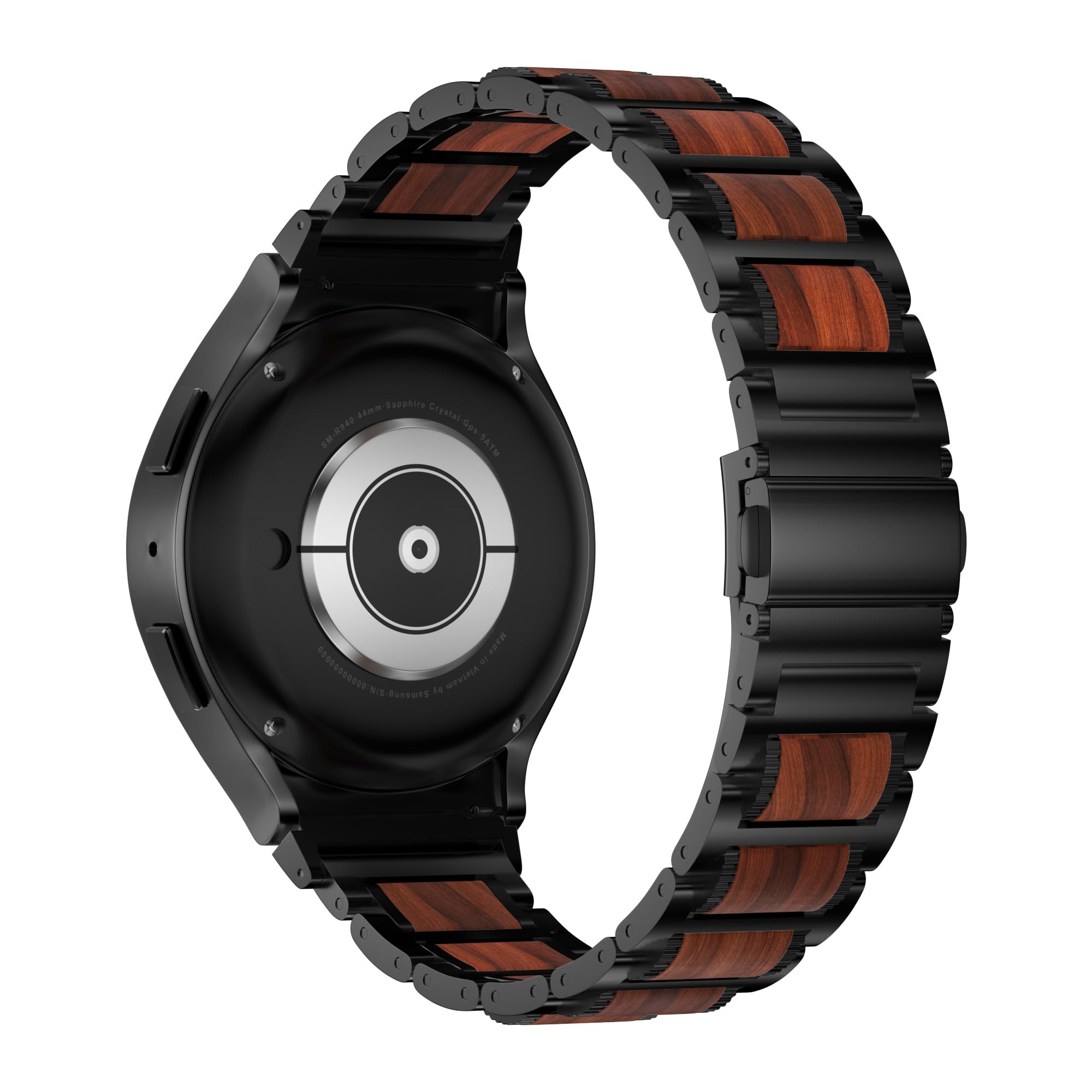 iiteeology Wood Band Compatible with Samsung Galaxy Watch 6 Classic 43mm 47mm/5 Pro 45mm, Natural Wooden Stainless Steel Link Band for Galaxy Watch 6/5/4/4 Classic 40mm/44mm/42mm/46mm - Black