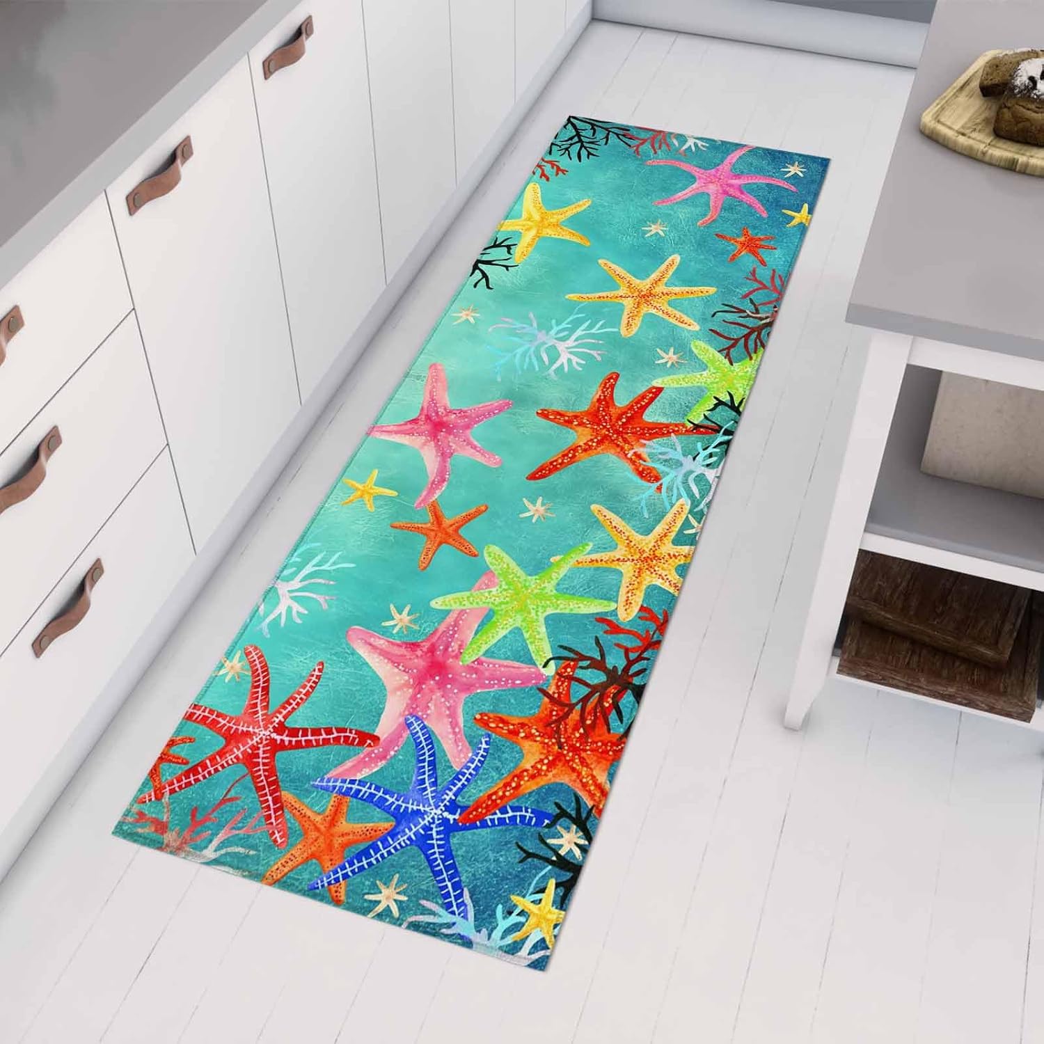 Teamery Kitchen Mats for Floor Summer Ocean Colorful Starfish Washable Non Slip Kitchen Rugs 1PCS, Seaside Abstract Coral Absorbent Standing Mats for Sink Bathroom Office Living Room 15.7x47.2in