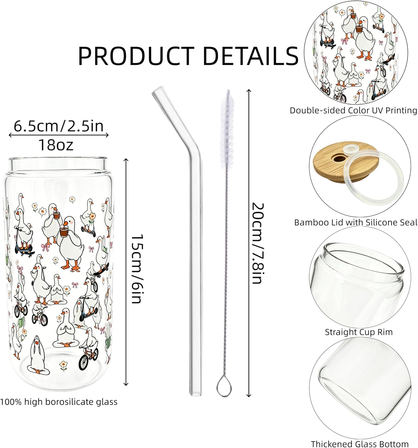 Silly Goose Glass Cup with Lid Straw 18oz, Funny Juice Cup for Women Teens