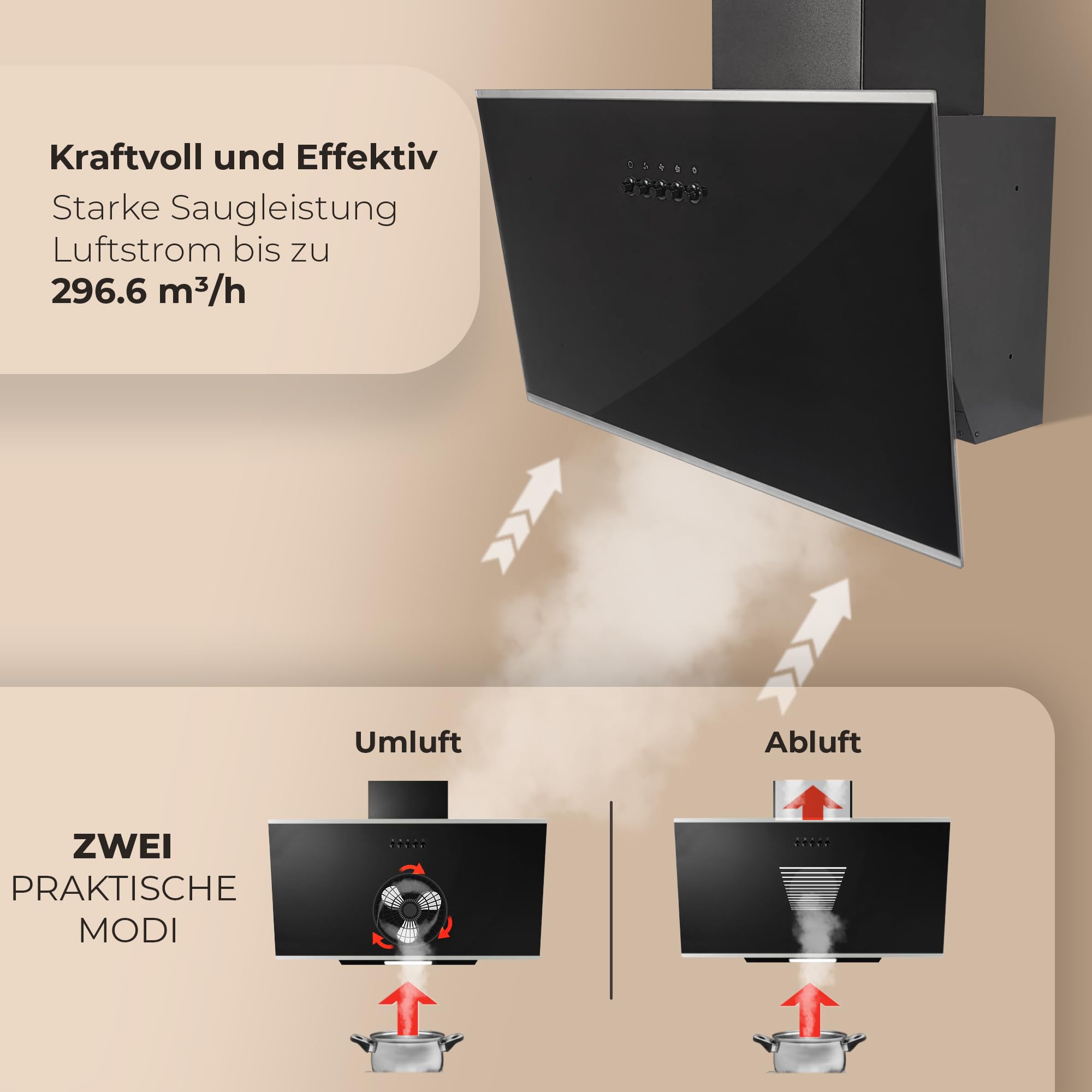 YUNA Dunstabzugshaube DUNJA 60 cm Schwarz Glasfront 3 Leistungsstufen 47W Motorleistung Energieeffizienz A Abluft Umluft Kopffrei LED Beleuchtung Ohne Kohlefilter Wandhaube