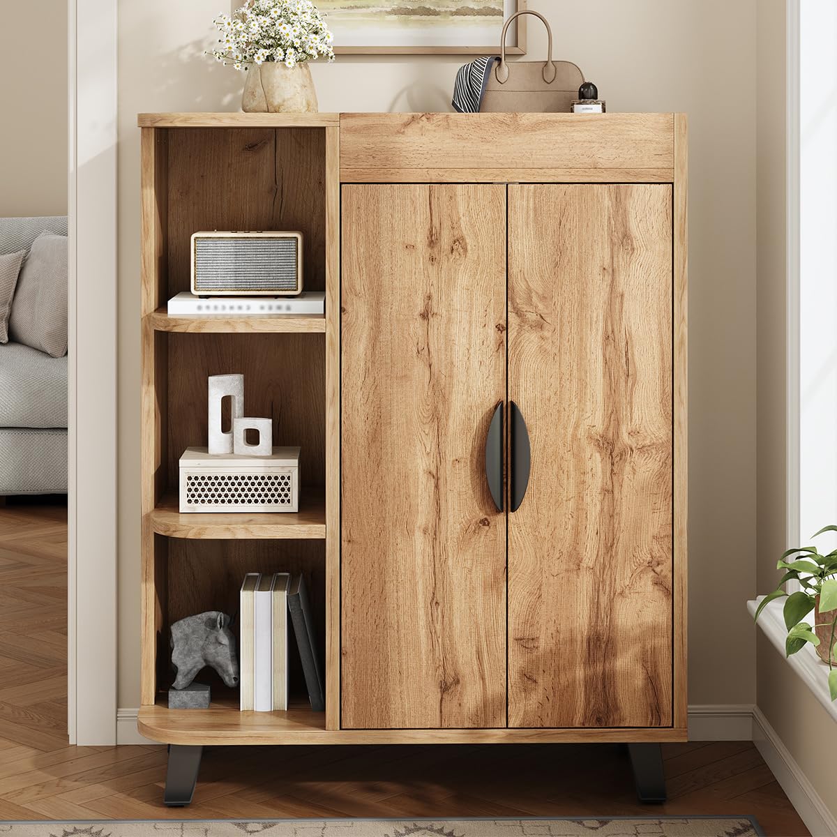 Armoire À Chaussures À Deux Portes Avec Aspect Bois Et Compartiments Ouverts, Meuble Polyvalent Étroit Pour Entrée, Petit Meuble À Chaussures Pour Petits Espaces, Avec Étagère Supérieure (Naturel)