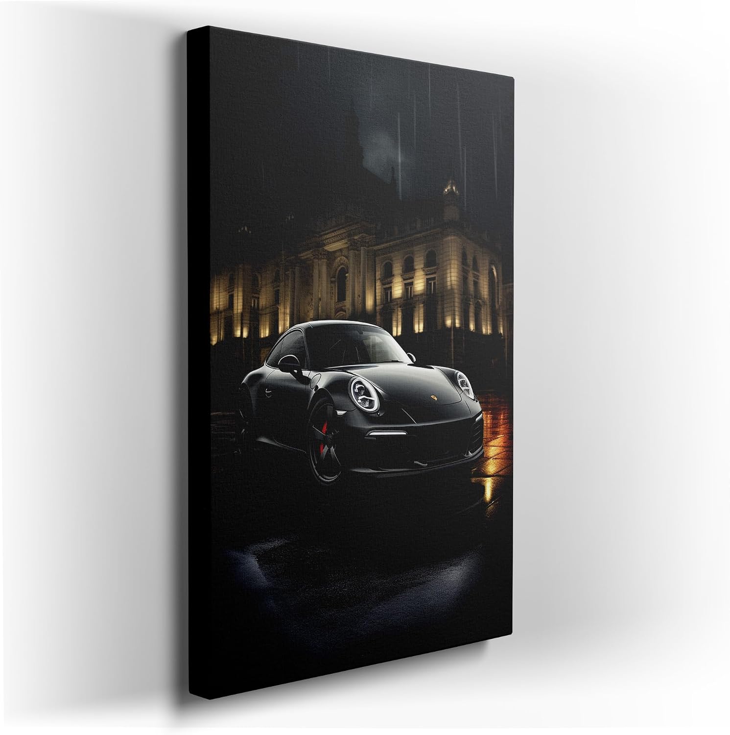 Canvas for Living room. Midnight Majesty A Porsche 911 Carrera S Commands the Rain-Soaked Streets, 27 x 18 inch Canvas Wall Art - Foreground And Background - Retro Home Decor - 69x46 cm (27x18 inch)