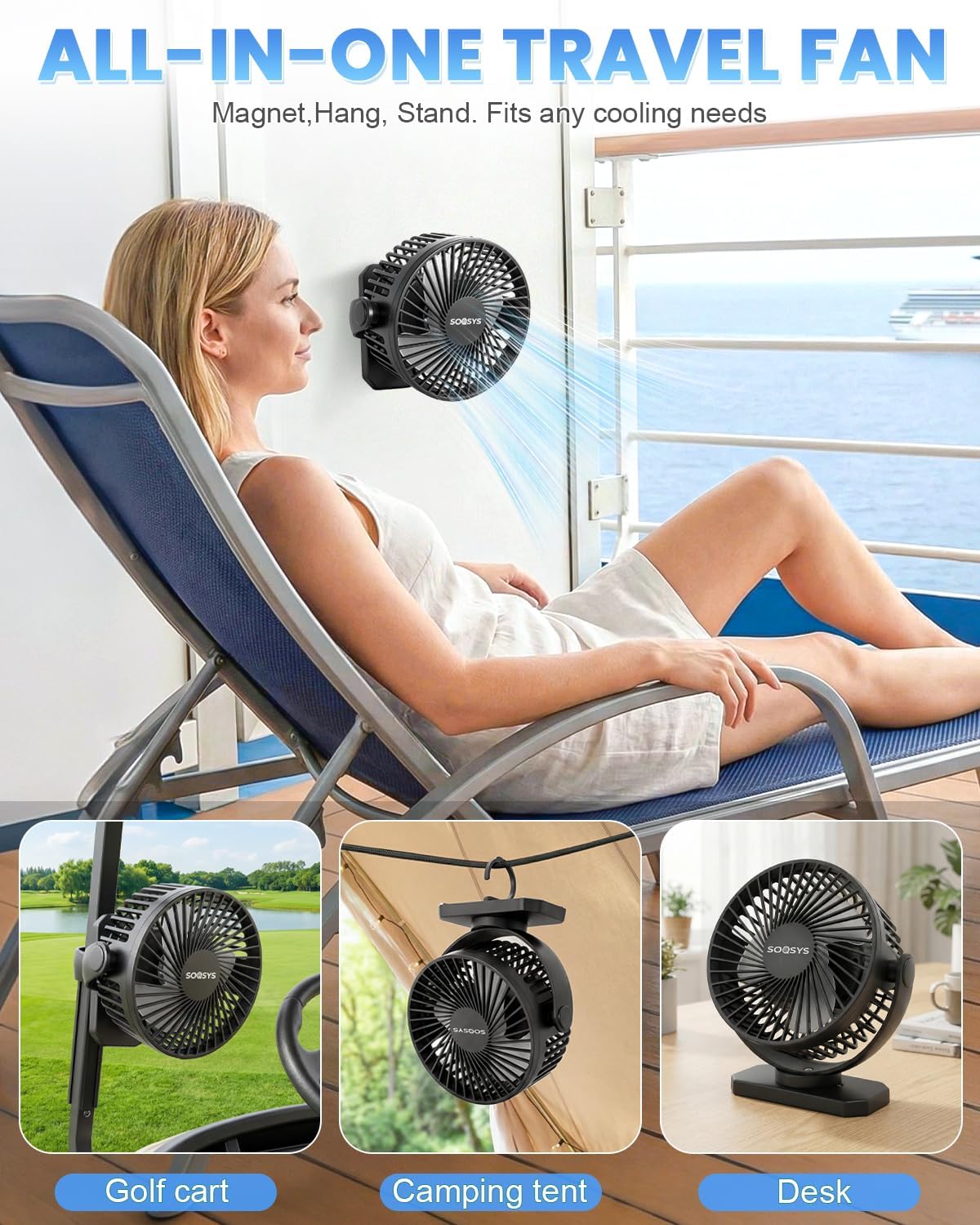 Cruise Approved Magnetic Fan with 12000mAh Rechargeable Battery, Cruise Fan with 3 Speeds, Timer, Led Lights, Power Output & Bottom Hook, Portable Fans for Camping Travel Cruise Essentials - Image 7
