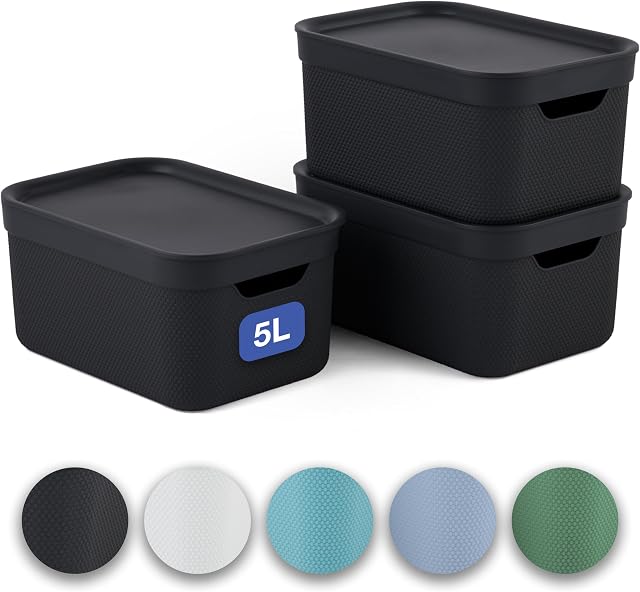 Jive Dekobox - Zestaw 3 ozdobnych pudełek do przechowywania 5 l z pokrywką, plastik (PP z recyklingu), czarny, 3x5 l (26,5 x 18,5 x 20 cm)