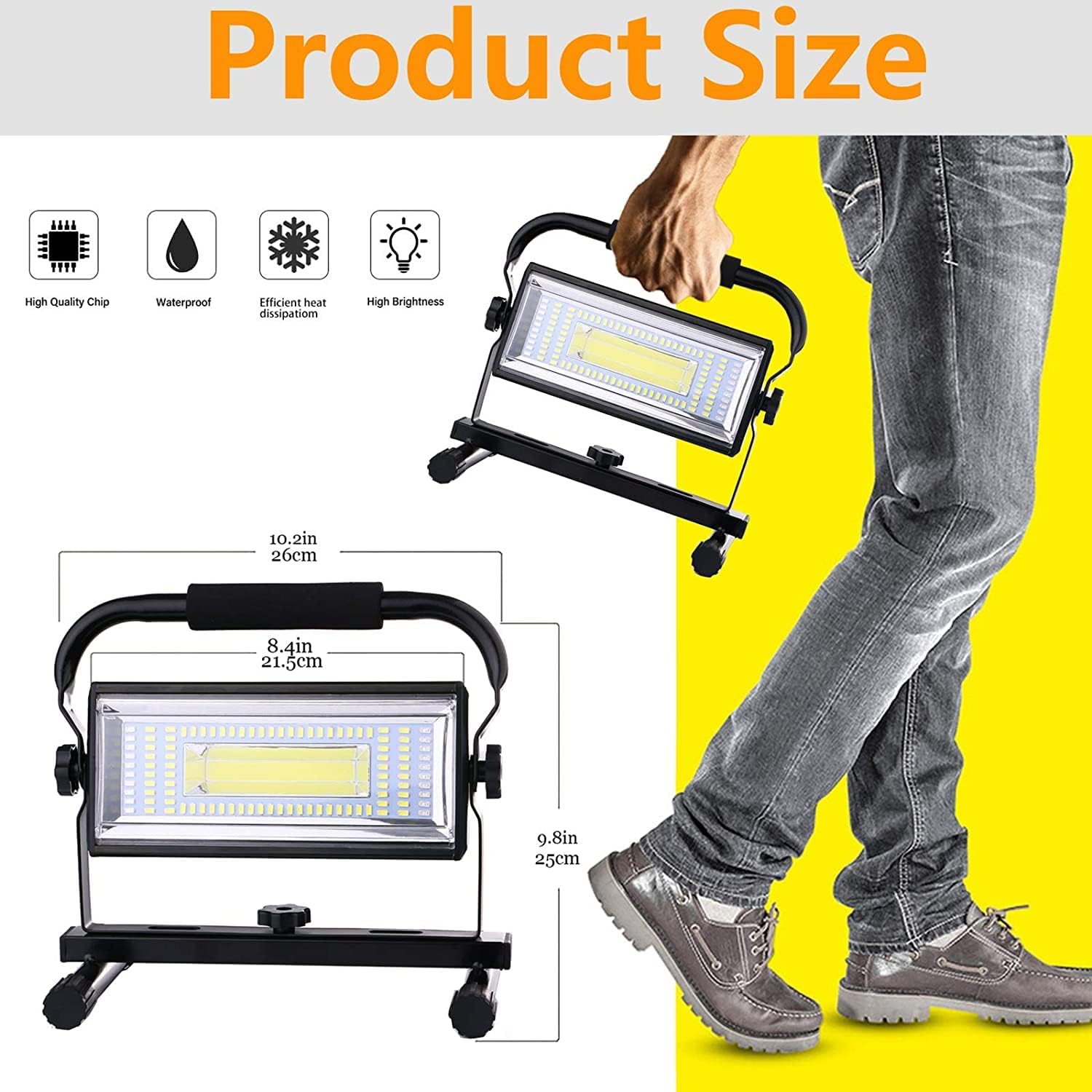100W Rechargeable Work Light, 8000LM LED Work Light, IP65 Waterproof Portable Construction Lights with Stand, 6500K,12000mAh, Adjustable Working Lights for Workshop Garage, Construction Site