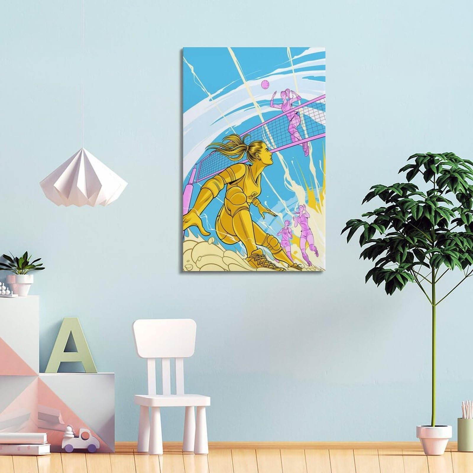 WIZIGM Poster dynamique sur toile style bande dessinée jeu de volleyball moderne décoration murale 50 x 75 cm style bande dessinée avec cadre