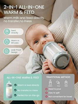 Grownsy Detachable Portable Bottle Warmer for Travel, All-in-One BPA-Free Shatterproof Non-Glass Milk Warmer with Nipple, Dual Heating Modes for Breastmilk & Formula, Fast Heating & Long Battery Life