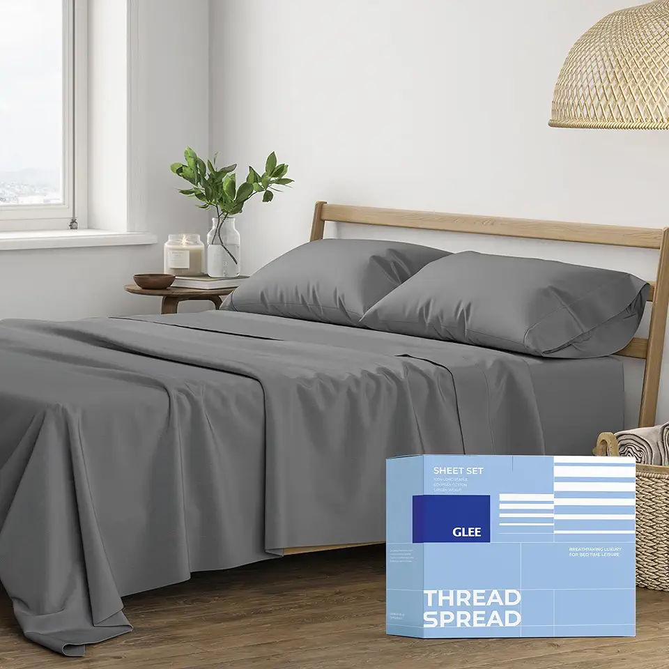 Lençóis THREAD SPREAD Queen – 400 fios 4 peças 100% algodão egípcio, lençóis refrescantes Queen, lençóis de algodão de cetim trançado, jogo de cama queen com bolso profundo, lençol queen macio (cinza