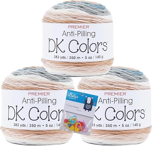 Premier Yarns DK Colors - Ovillo de hilo antibolitas con rayas autoservicio, 5 onzas, peso ligero #3, paquete de 3 unidades con marcadores de