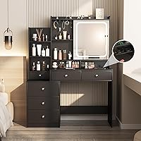 Vista 1 de Vabches Escritorio de tocador con espejo y luces, tocador de maquillaje con 6 cajones y estantes, tocador con toma de corriente, escritorio