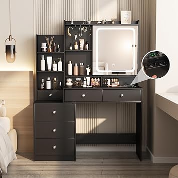 Vabches Vanity Desk with Mirror and Lights, Makeup Vanity with 6 Drawers and Shelves, Dressing Table with Power Outlet, Makeup Desk with Led Lighted Mirror in 3 Colors, for Bedroom, Black