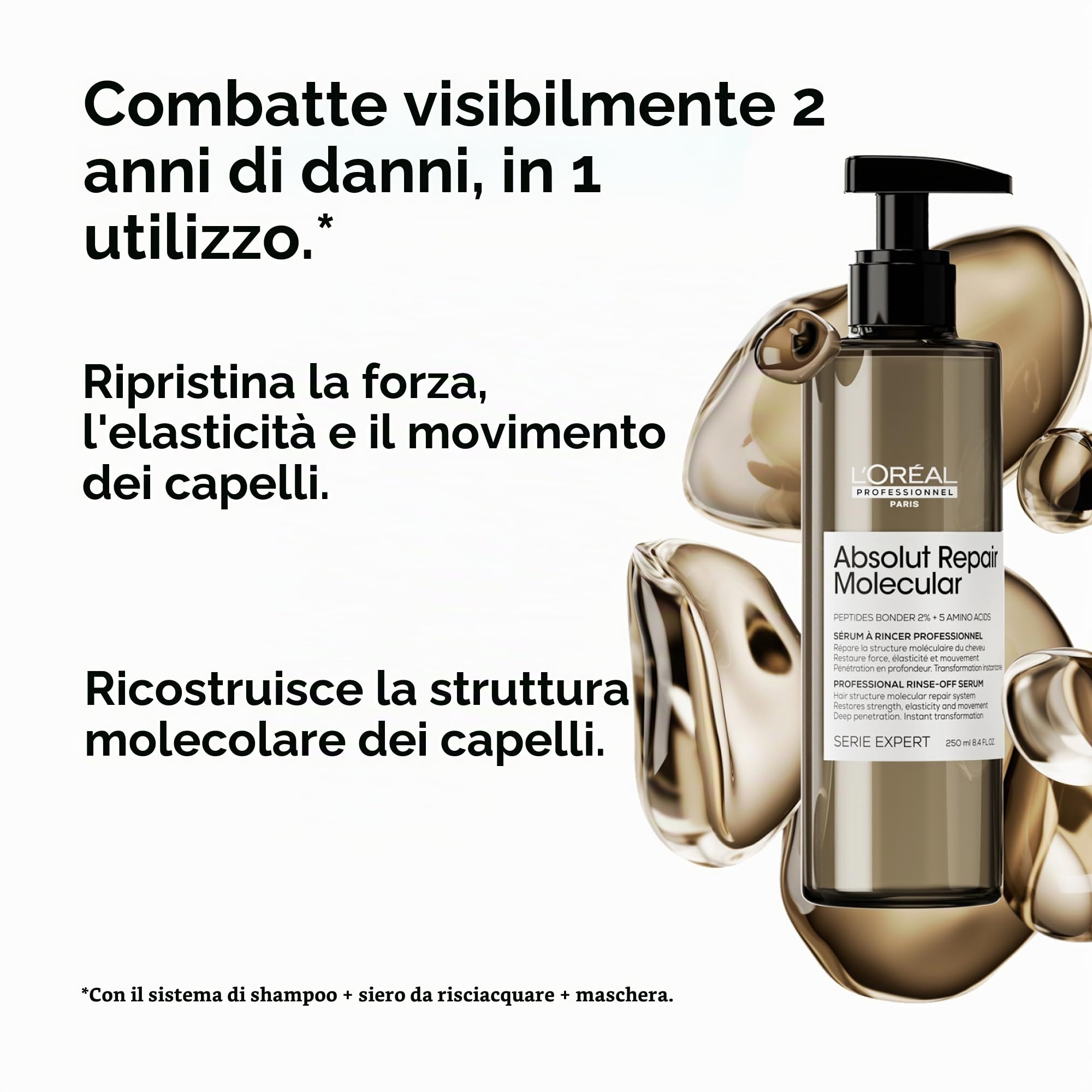 L'Oréal Professionnel Kit Shampoo + Balsamo Liquido Ristrutturante, Per Tutti i Tipi di Capelli Danneggiati, Meno Danni e Maggiore Forza, Senza Solfati, Absolut Repair Molecular, 500ml + 250ml
