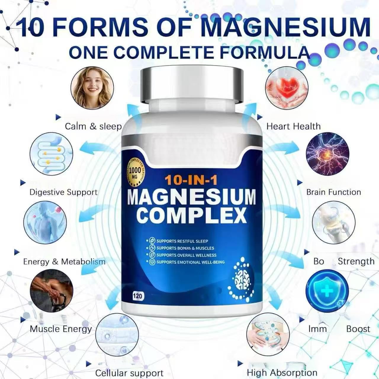 Complejo de magnesio, apoya la salud de los músculos y las articulaciones, alivia el estado de ánimo y el estrés, promueve el sueño, la energía y la vitalidad y promueve el metabolismo.