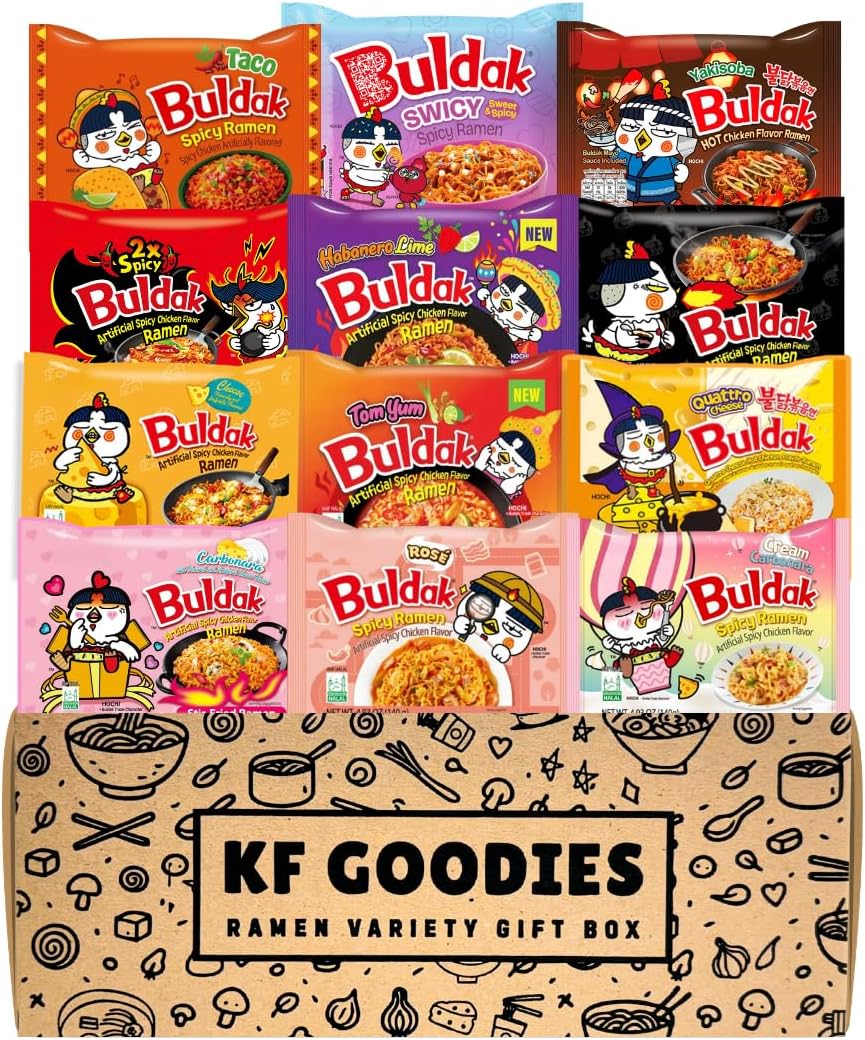 KF GOODIES Korean Ramen Variety Pack Gift Box (12 Count) - Spicy Buldak Noodle Assortment for Birthdays, College Care Packages, Office Snacks and Gifts