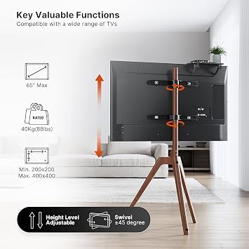 PUTORSEN Solid Wood Easel TV Stand for 45-65'' TVs, Hidden Cable, Walnut