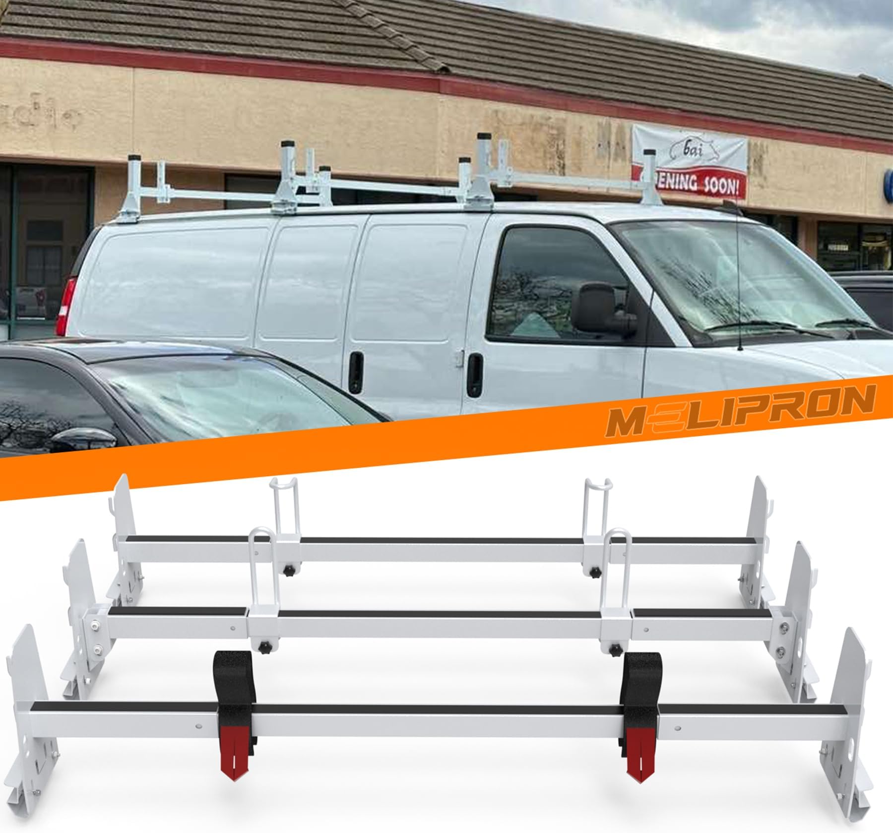 MELIPRON 850 lbs Van Roof Ladder Rack Fit for Chevy Express 1500 2500 3500, for 1996–2025 Cargo Vans with Rain Gutters, No Drill, Heavy Duty for Commercial Use