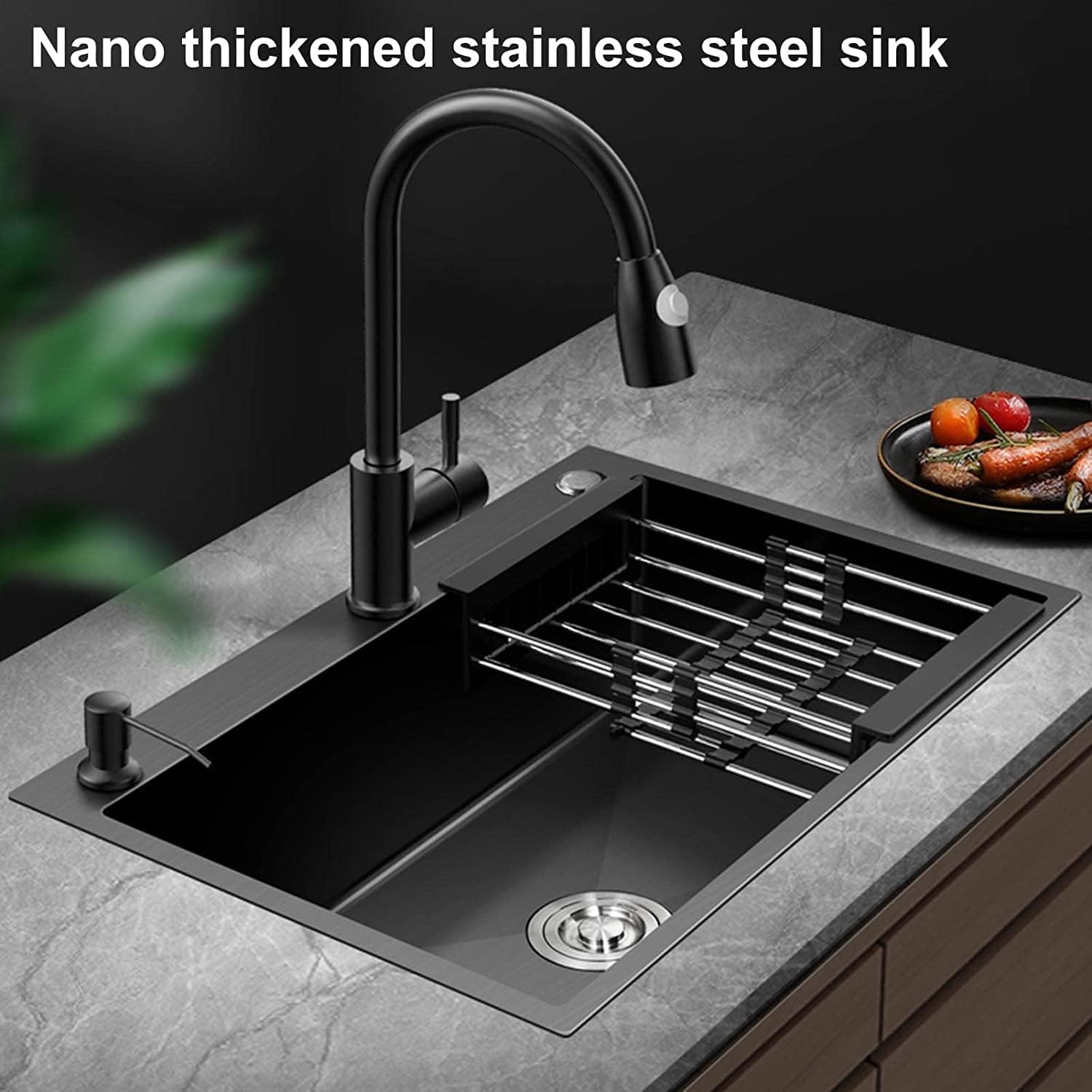 ,Stainless Steel Household with Drain Hole Bar Prep Square with Pull-Out Faucet Stainless Steel Household with Drain Hole Black Grey Thickened 304 Stainless,60x45cm
