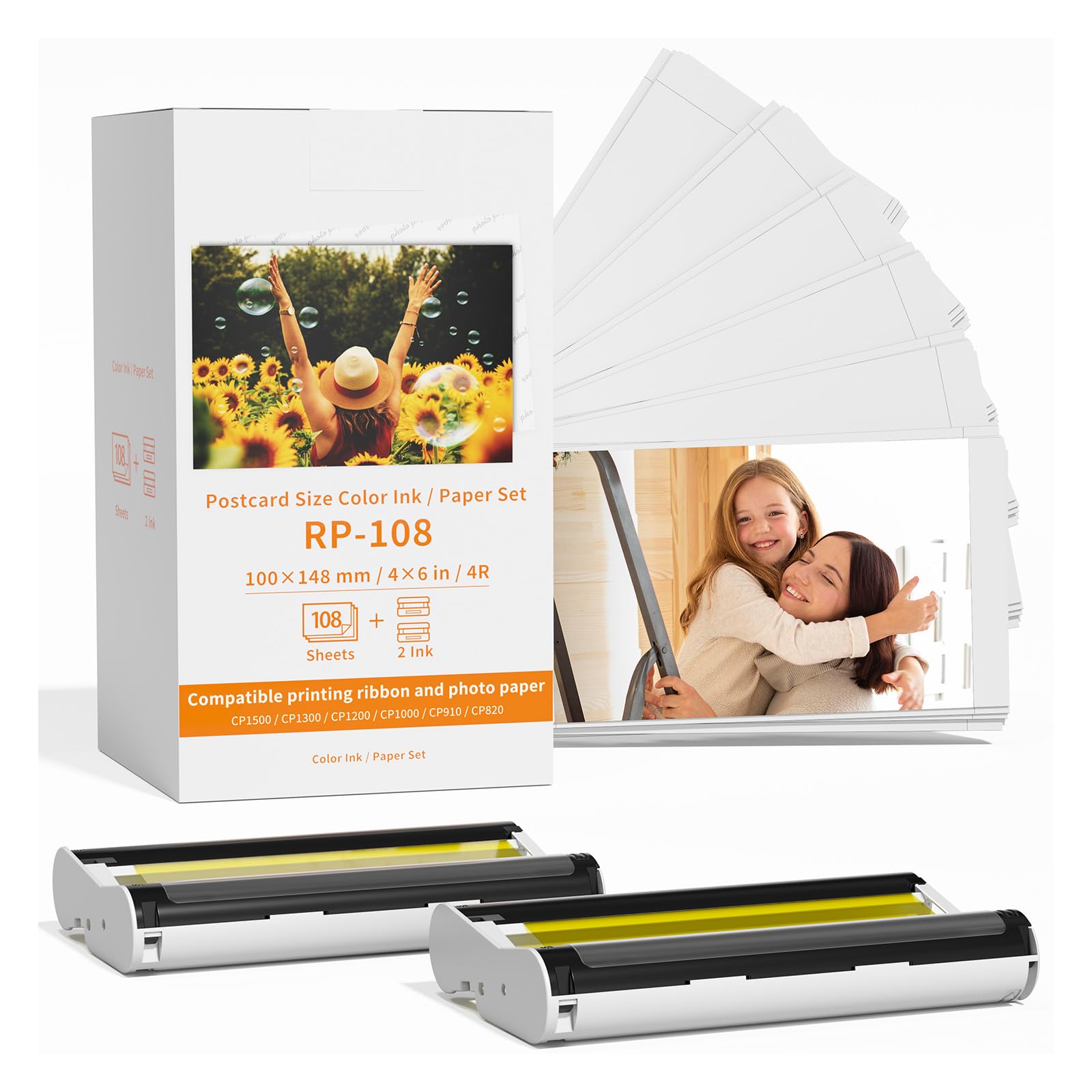 RP-108 Compatible Canon Selphy CP1500 Ink and Paper with 2 Color Ink Cartridges and 108 Sheets 4x6 Photo Paper Glossy for Canon Selphy CP1300, CP1200,