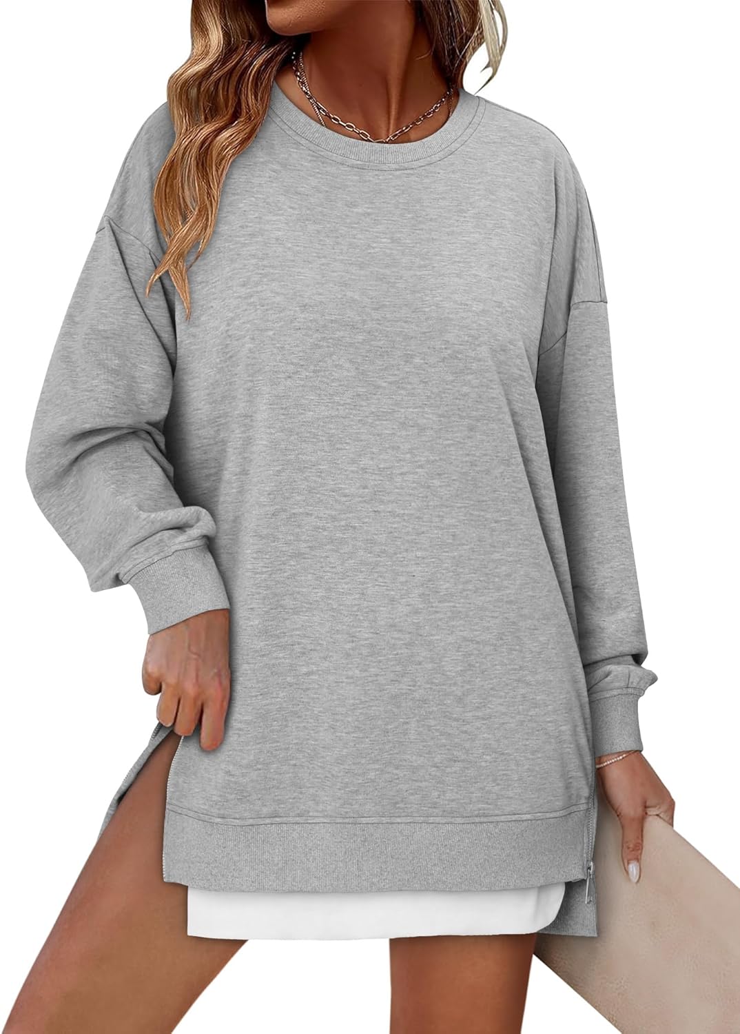 CHICZONE Crew Neck Oversized Sweatshirt Zipper Slit Long Sleeve Pullover for Women 2025 Trendy Fall Clothes
