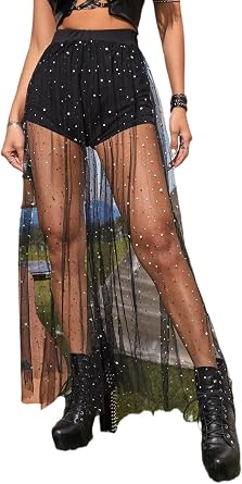Sparkly Skirt Rave Sheer Maxi Skirts Women Slit High Mesh Disco