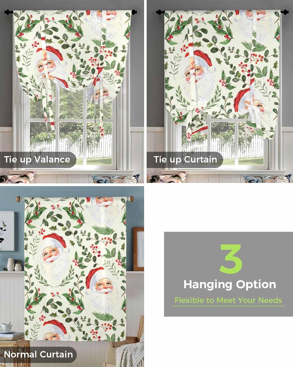 Christmas Santa Claus Tie Up Curtain for Window Blackout Balloon Valance Curtain for Bathroom Winter Xmas Berry Pine Branch Leaves Light Beige Adjustable Window Shade for Kitchen Living Room 52"Wx63"L