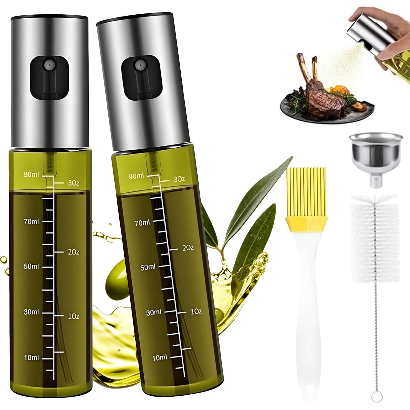 JOLYLINT 2 PCS Oil Spray Bottle and Olive Oil Sprayer, 100ml Olive Oil Sprayer, Green UV-Resistant Light-proof Cooking Spray Bottle with Funnel, Suitable for Air Fryers, Kitchen, Salads and BBQ
