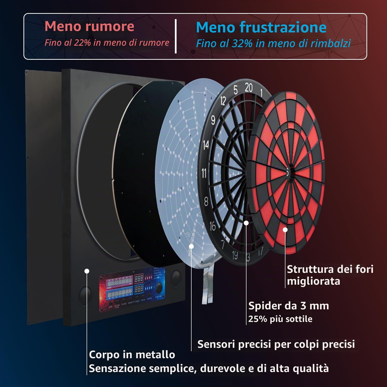 Bersaglio elettronico per freccette con 6 freccette e 100 punte di ricambio, bersaglio elettronico con voce e display LCD, bersaglio elettrico con 25 giochi e 290 varianti