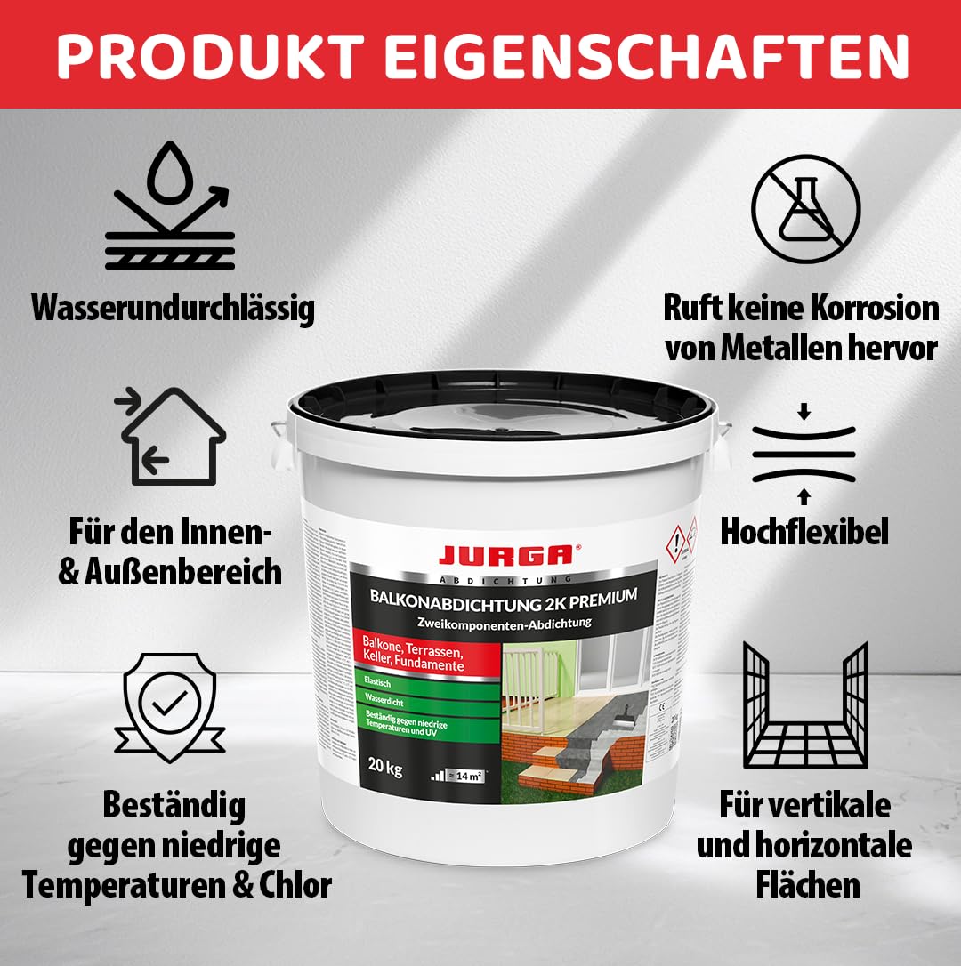 JURGA Balkonabdichtung 2K (20kg≈14m²) Zweikomponenten Zement Mörtel Terrassenabdichtung Außen, Dichtschlämme für Keller & Fundamente, UV-beständig, Wassersperre