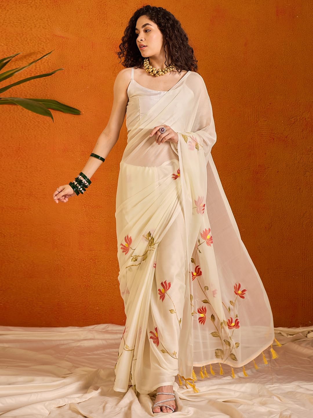 SAREE MALL Women's Off White Chiffon Botanical Printed Saree With Unstitched Blouse Piece (PAINTING102_SU) 1