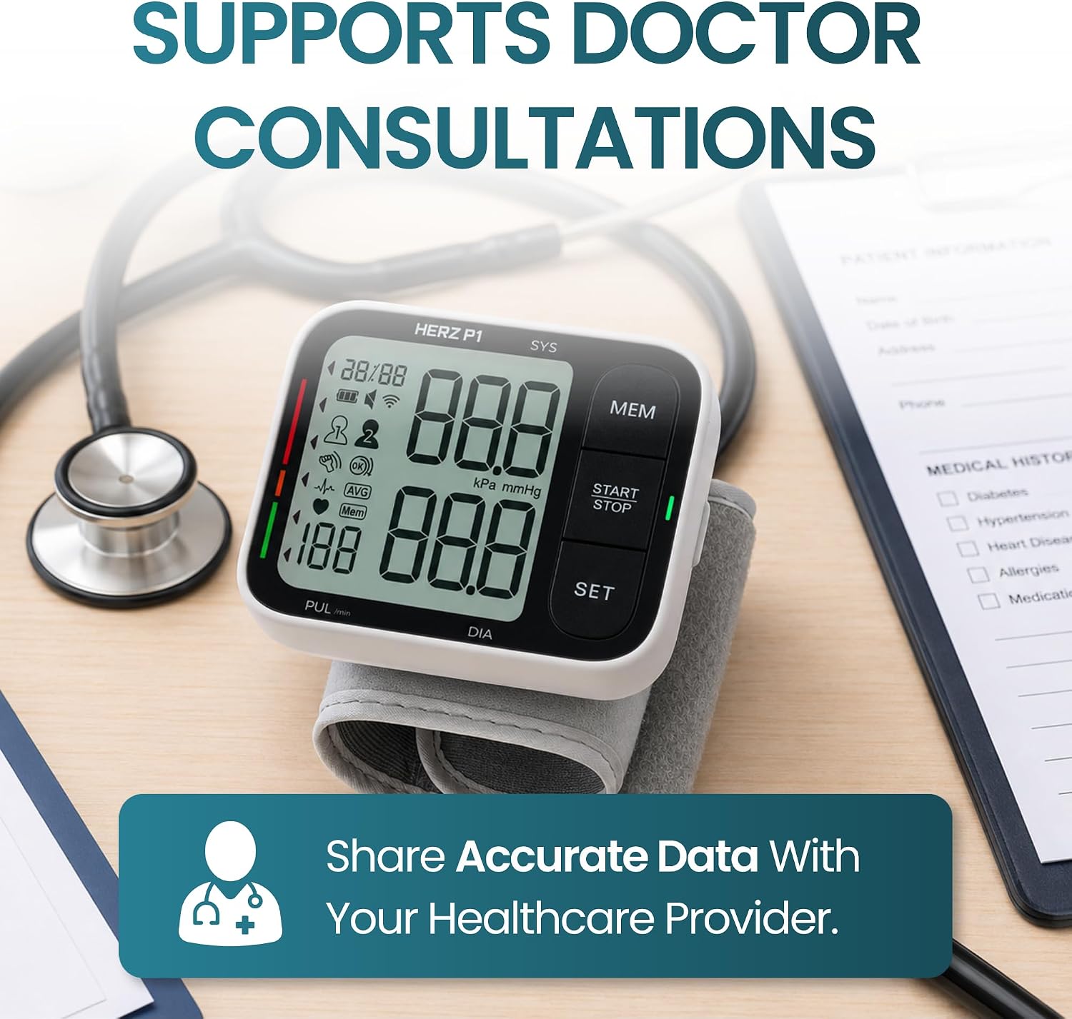 Herz P1 Wrist Blood Pressure Monitor - Smart BPM with Large LCD Display, Adjustable Cuff for Home & Travel, Dual-User Memory (2x120 Readings), Irregular-Pattern Indicator, AAA Batteries Included