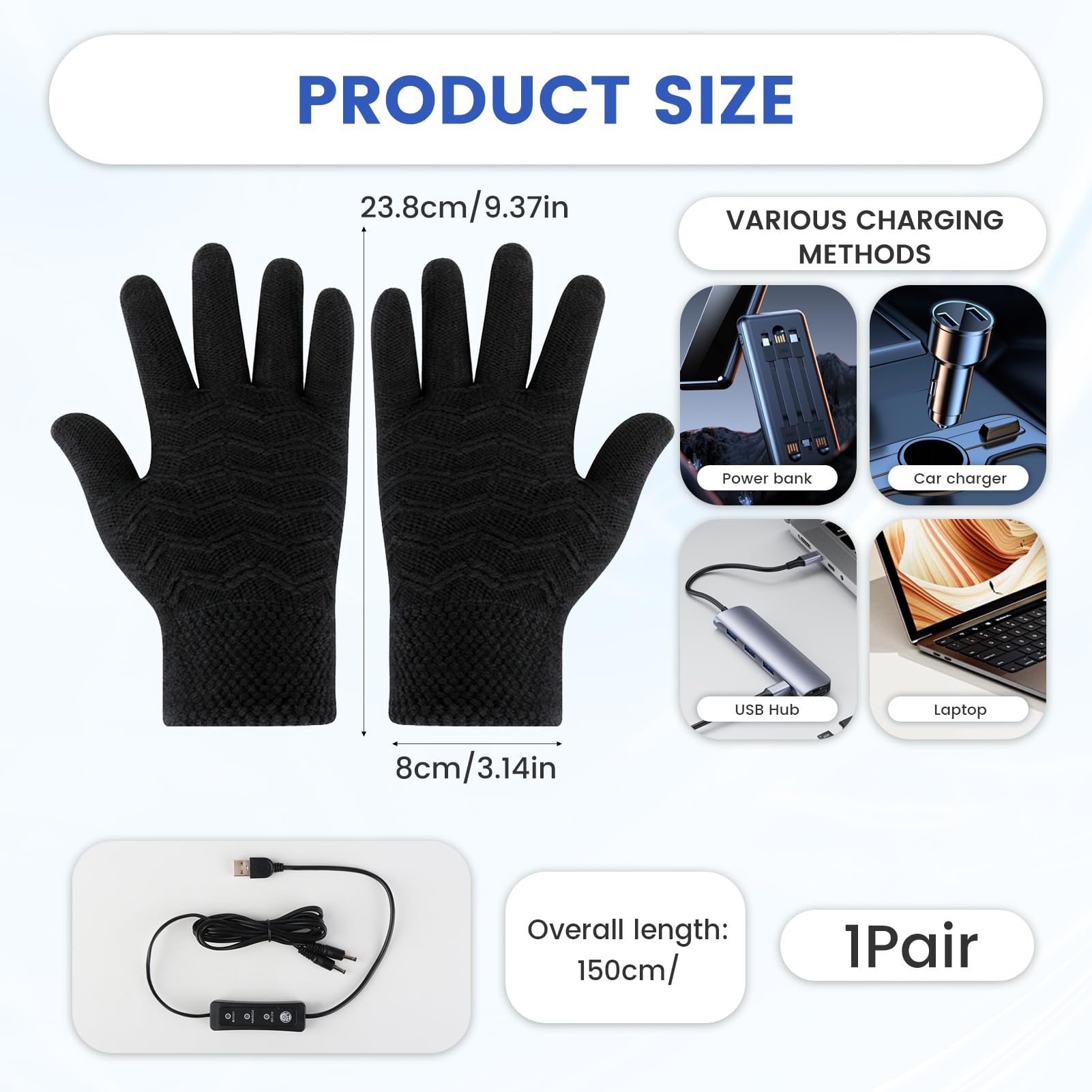 Gants Chauffants USB Antidérapants, 3 Températures Réglables, Gant Chauffant Tactile Pouce/Index, Chauffe Dos de Main & 5 Doigts, Câble 1,5 m 5V Lavables Homme Femme pour Cyclisme, Ski, Extérieur