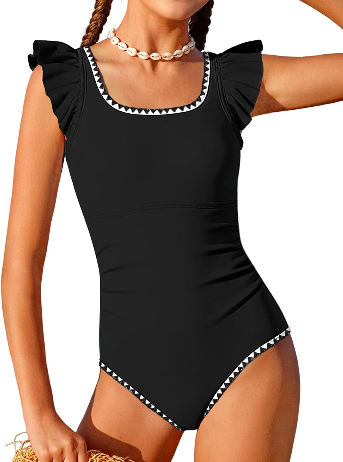 Girls Swimsuit Ruffled Square Neck Color Contrast Trim One Piece Bathing Suit Geometric Girls'Swimwear 9-16Y