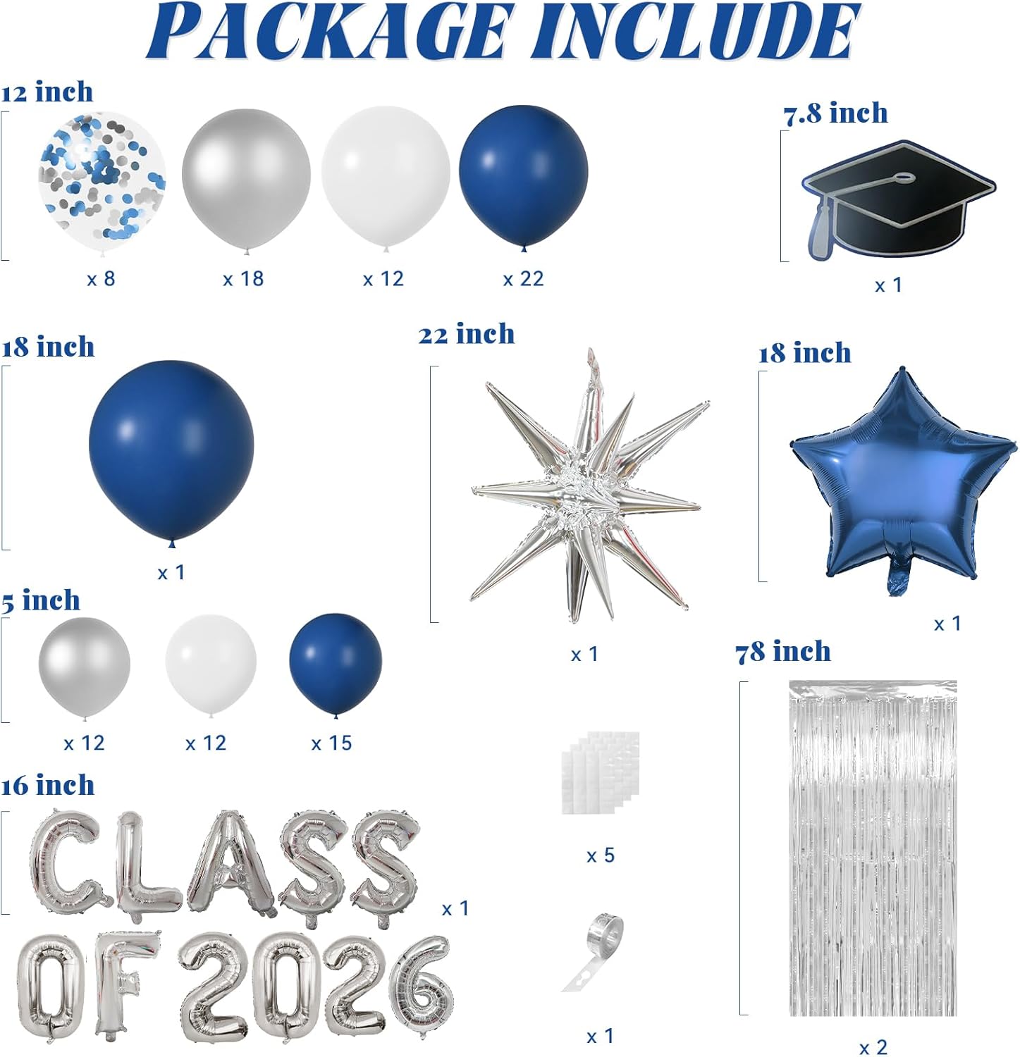 Graduation Balloon Garland Arch Kit Different Sizes 5 12 18In Navy Blue White and Silver Balloons for Graduation Party Decorations with Class of 2026 Foil Balloon & 78 Inch Fringe Curtains Backdrop