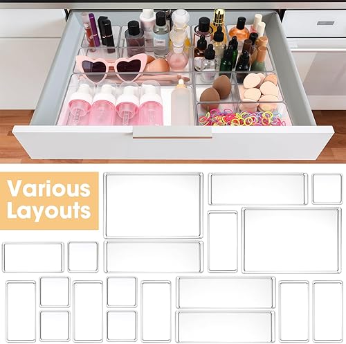 Miniatura 4 de Teenyyou Organizador de cajones transparente, apilable, 4 tamaños, bandejas de acrílico para almacenamiento de cosméticos, joyas, suministros de