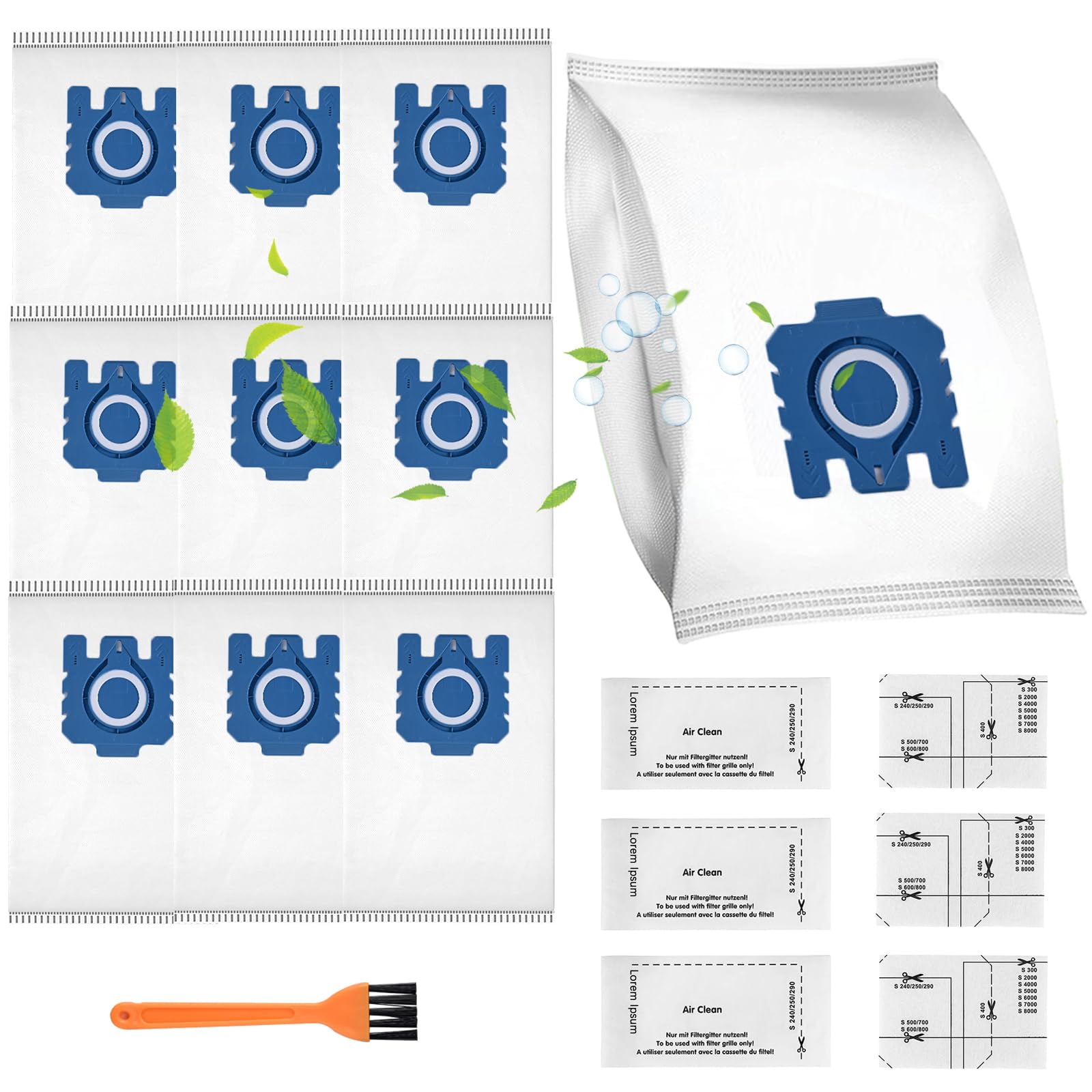 10 Stück Staubsaugerbeutel 3D Efficiency für Miele Classic C1 Complete C2 C3, S2 S5 S8 S600 S800, Hyclean GN & Pure Beutel, mit 3 Motorfilter & 3 Abluftfilter Ersatz Zubehör, 1 Bürste 9917730 12421130