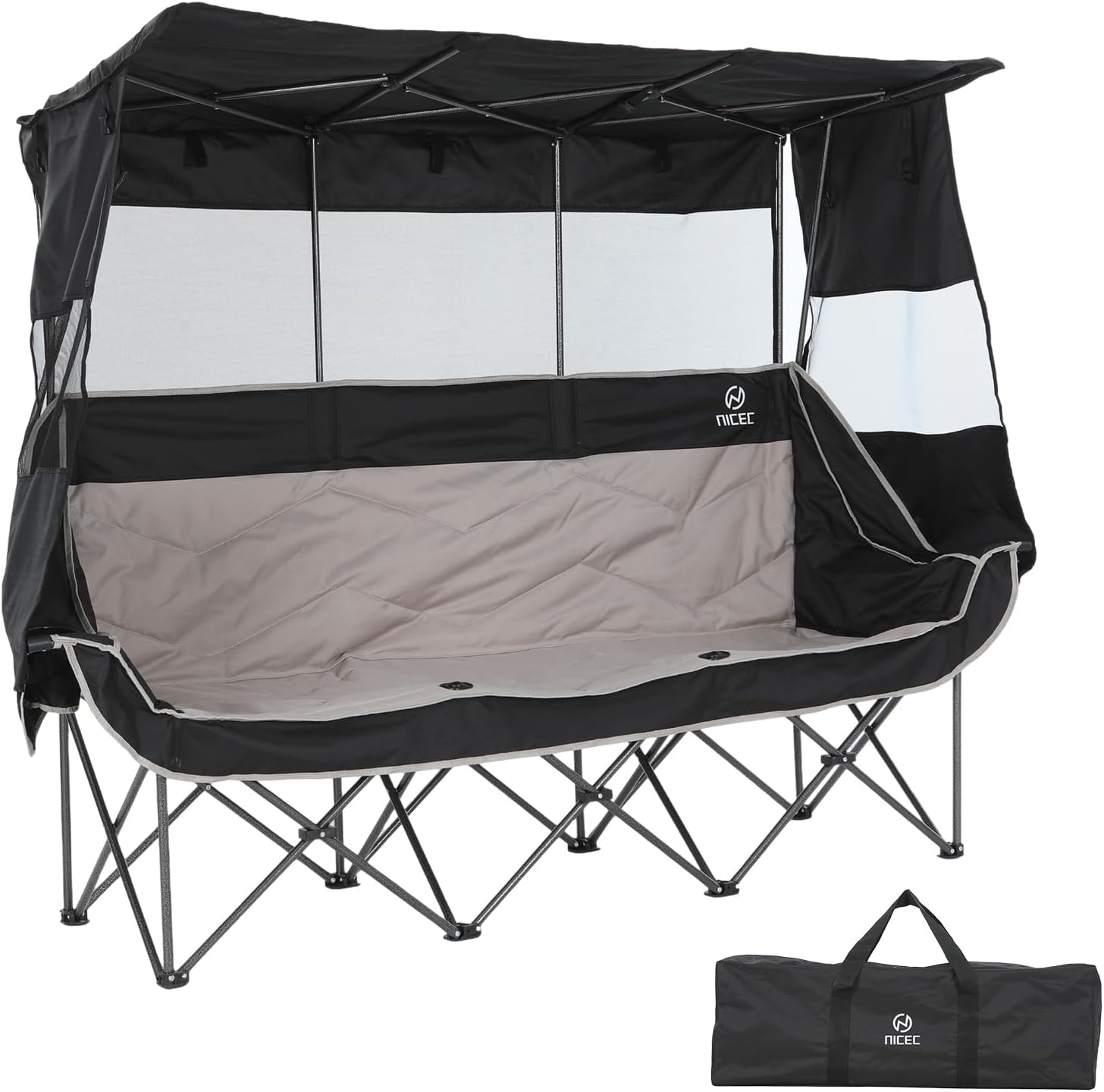Nice C 3 Person Double Camping Chair with Canopy (Black & Grey)