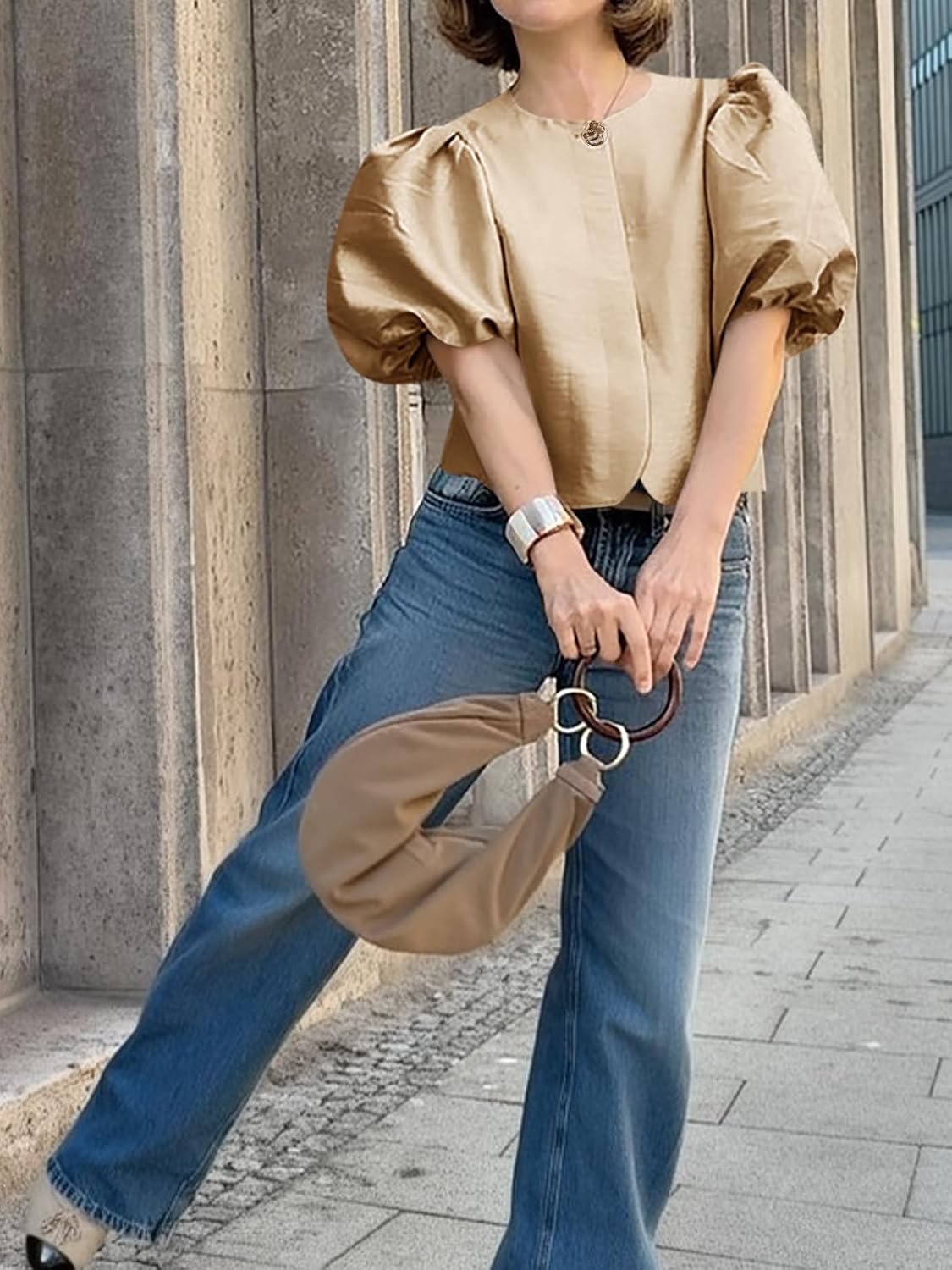 Cicy Bell Womens Silk Satin Button Down Shirts Summer Puff Short Sleeve Crew Neck Crop Tops Loose Fit Casual Dressy Blouse