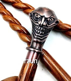 Blackperlcrafts by Brown Wood Spiral Walking Stick Antique Finish Joker Metal Handle Cane Design Handmade Gift